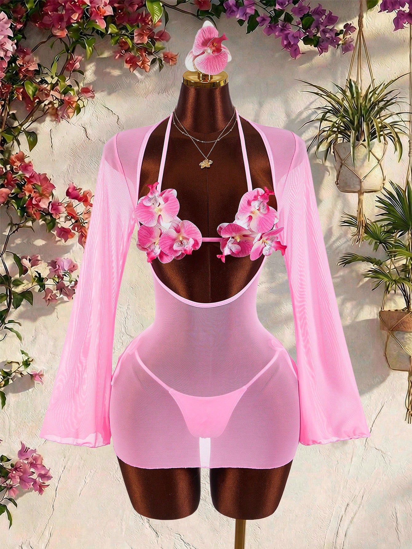 Amplova Women's 3-Piece Swimwear Set With 3D Floral Cups, Pink Paired With Solid Color Lining And Ruffle Hem - image 4