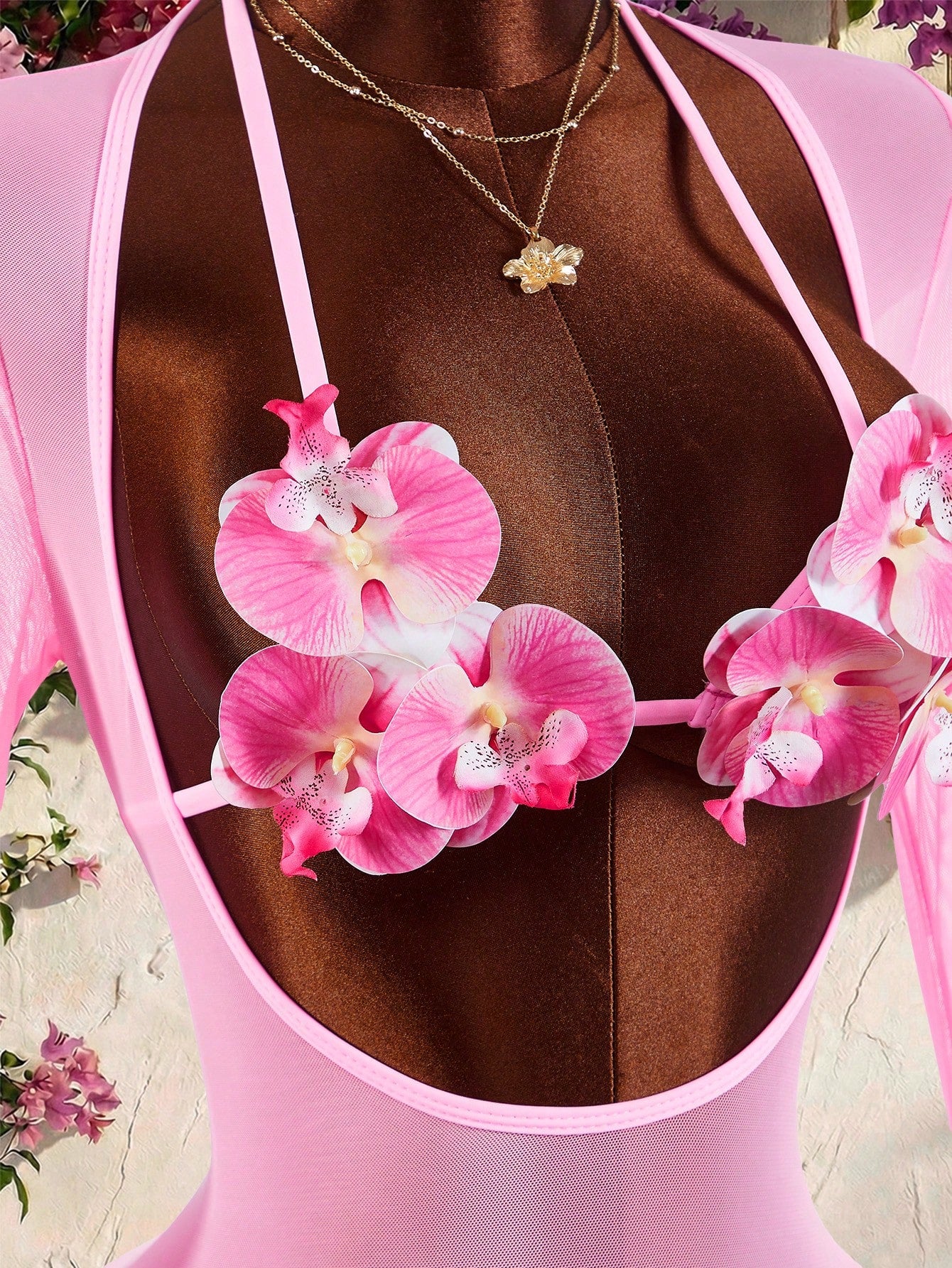 Amplova Women's 3-Piece Swimwear Set With 3D Floral Cups, Pink Paired With Solid Color Lining And Ruffle Hem - image 5