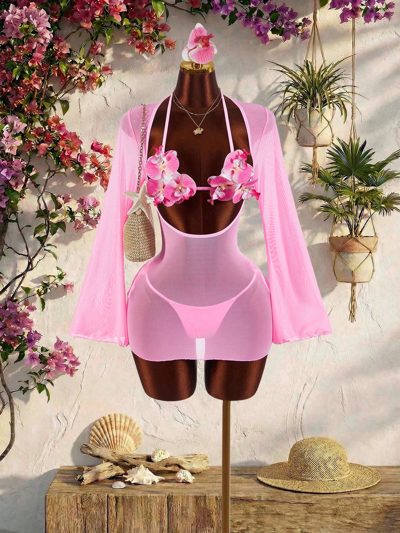 Amplova Women's 3-Piece Swimwear Set With 3D Floral Cups, Pink Paired With Solid Color Lining And Ruffle Hem - image 7