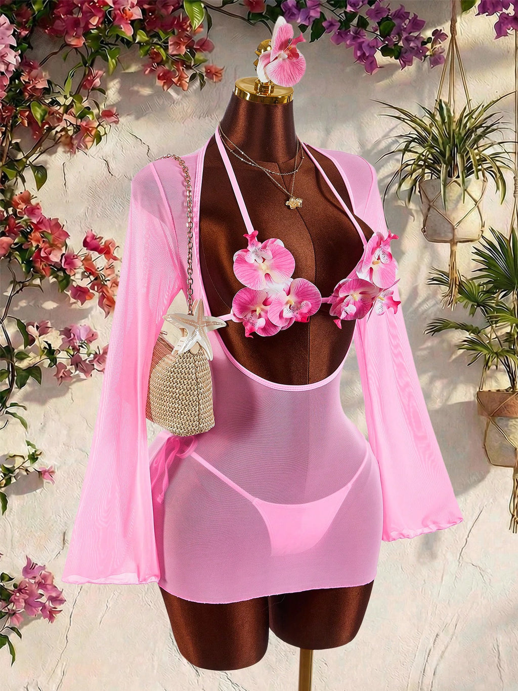 Amplova Women's 3-Piece Swimwear Set With 3D Floral Cups, Pink Paired With Solid Color Lining And Ruffle Hem - image 8