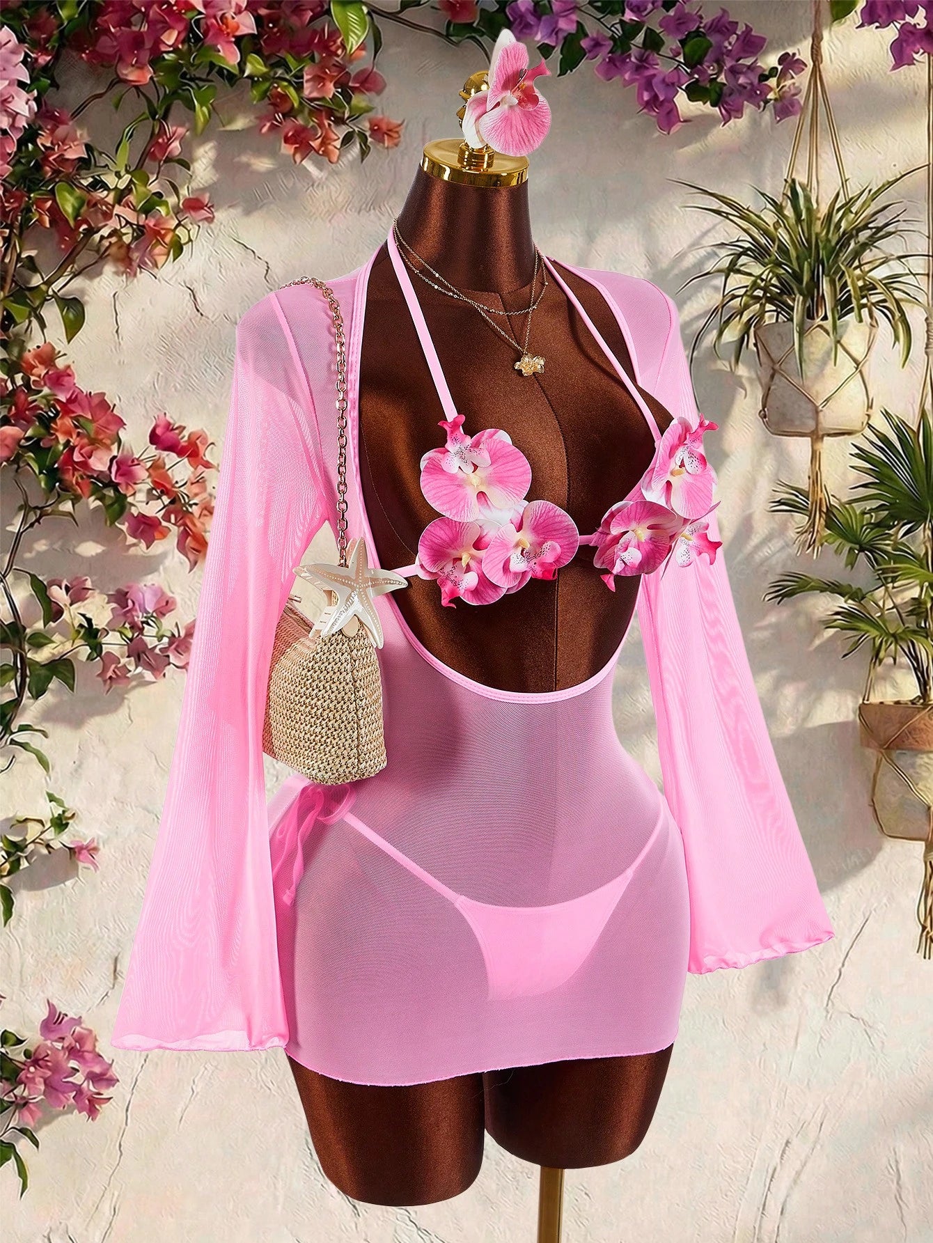 Amplova Women's 3-Piece Swimwear Set With 3D Floral Cups, Pink Paired With Solid Color Lining And Ruffle Hem - image 8