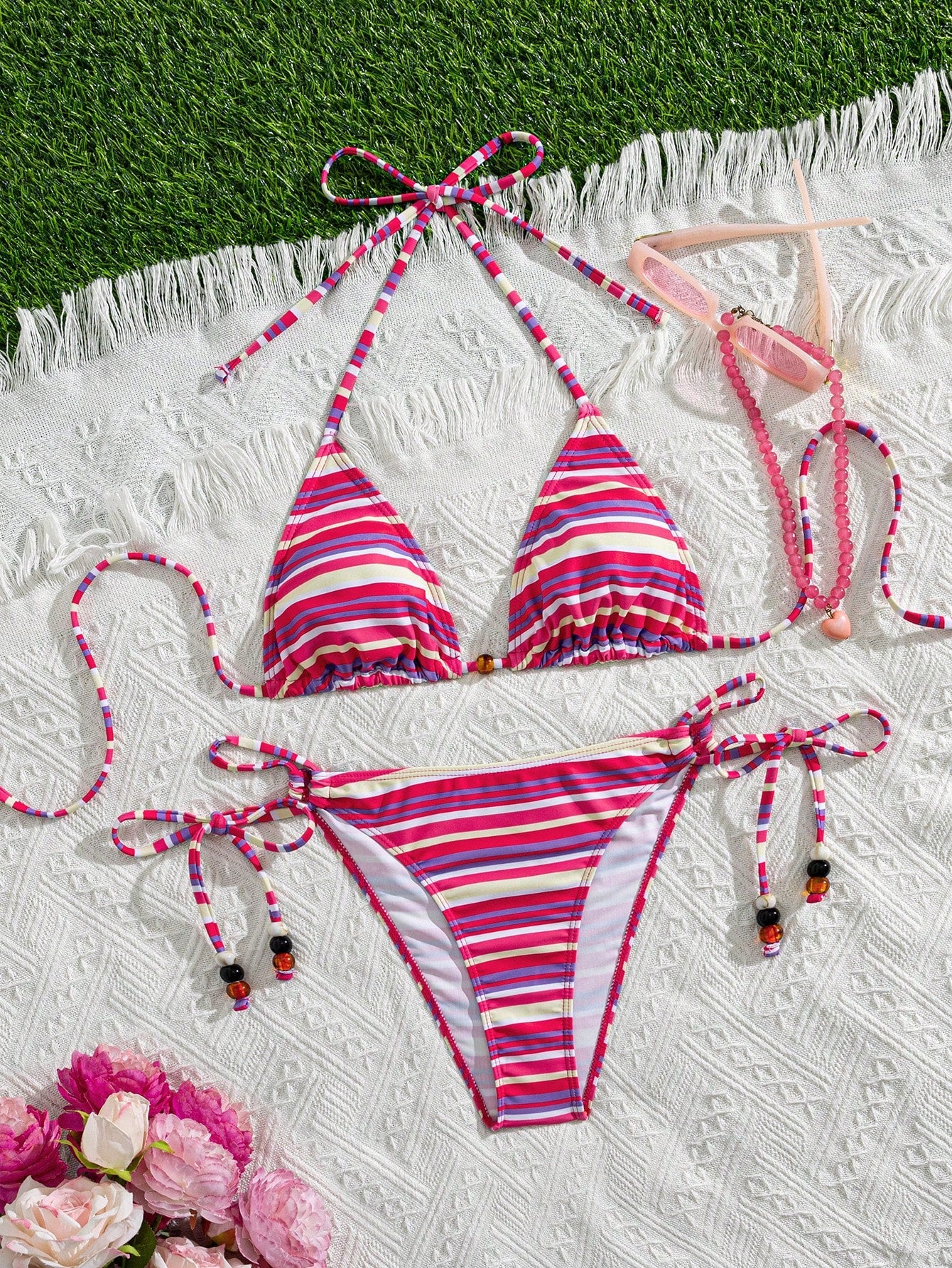Swim Vcay Summer Vacation Sexy Striped Beaded Halter Backless