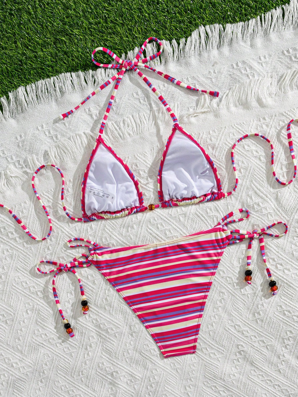 Swim Vcay Summer Vacation Sexy Striped Beaded Halter Backless