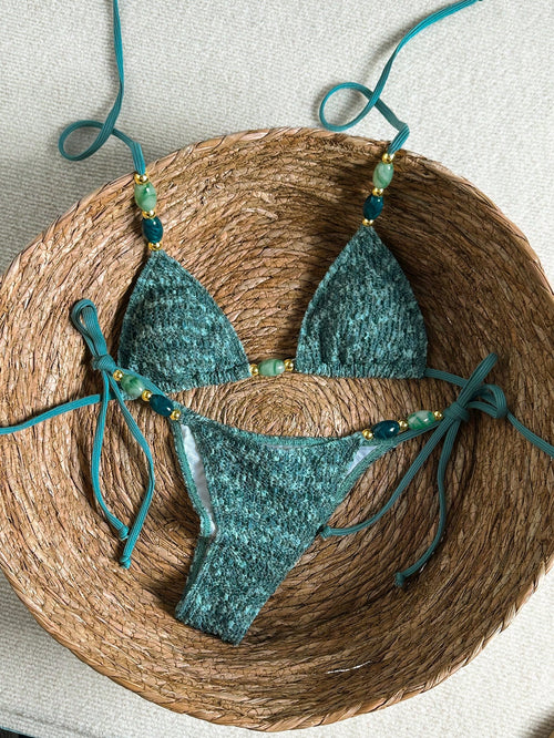 Bikinx Women's Elegant Textured Beaded Halter Bikini Set, Side Tie