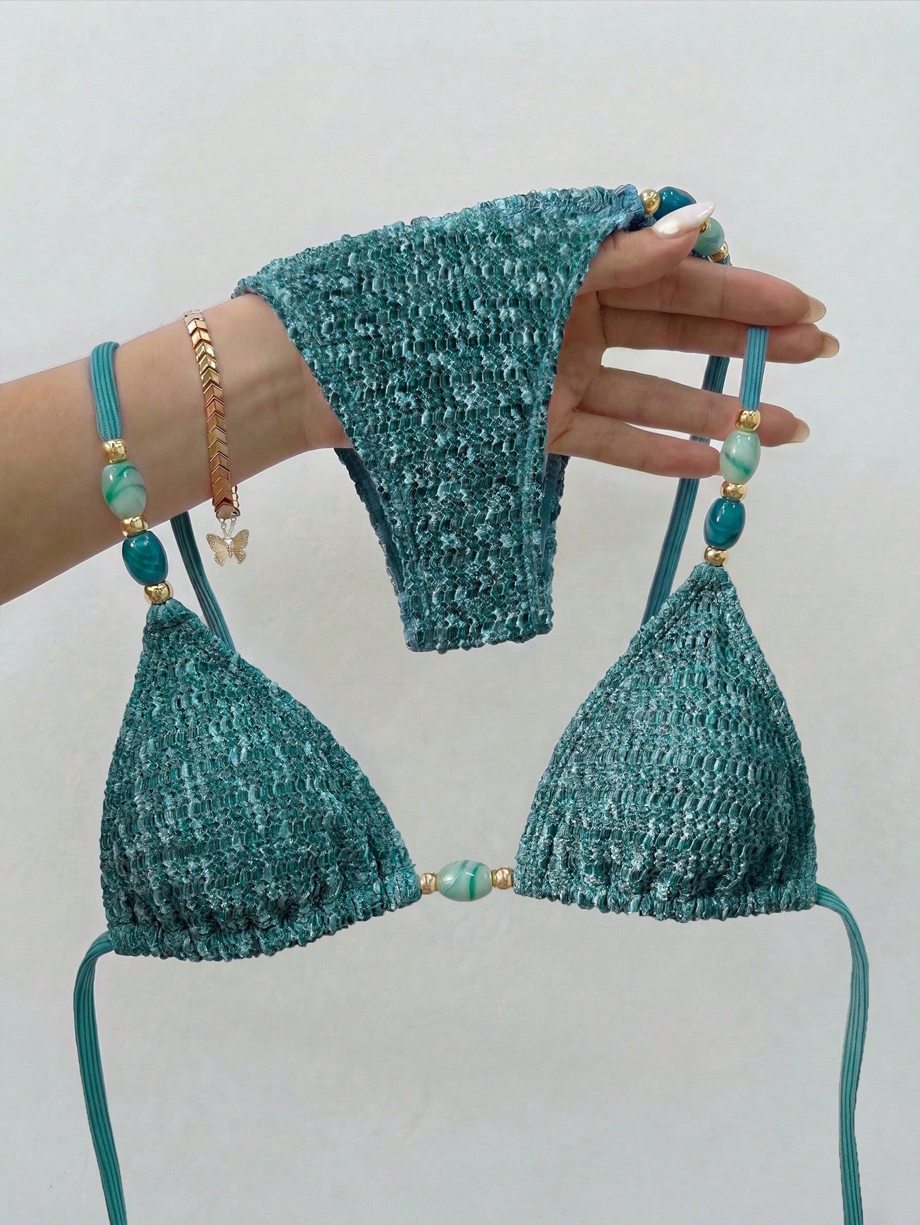 Bikinx Women's Elegant Textured Beaded Halter Bikini Set, Side Tie