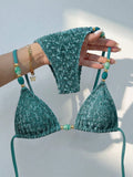 Bikinx Women's Elegant Textured Beaded Halter Bikini Set, Side Tie