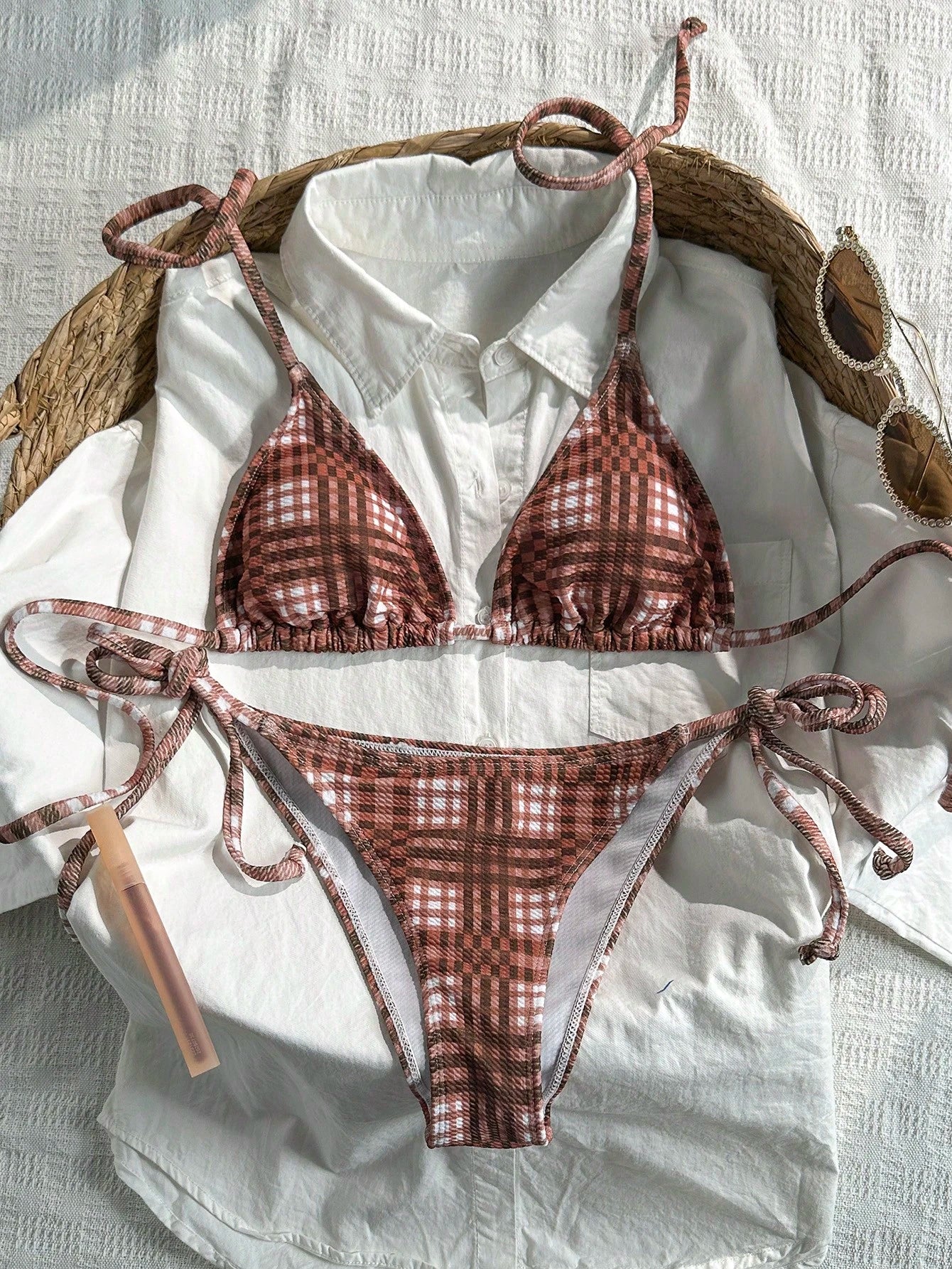 Swim Mod 2pcs/Set Women's Random Plaid Print Spaghetti Strap Sexy
