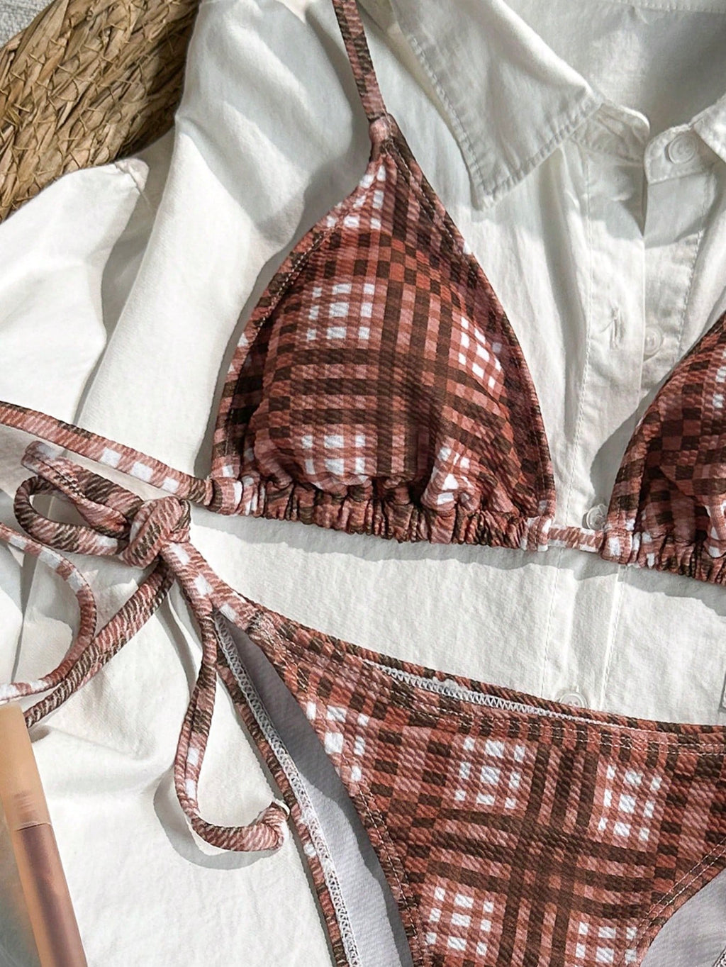 Swim Mod 2pcs/Set Women's Random Plaid Print Spaghetti Strap Sexy