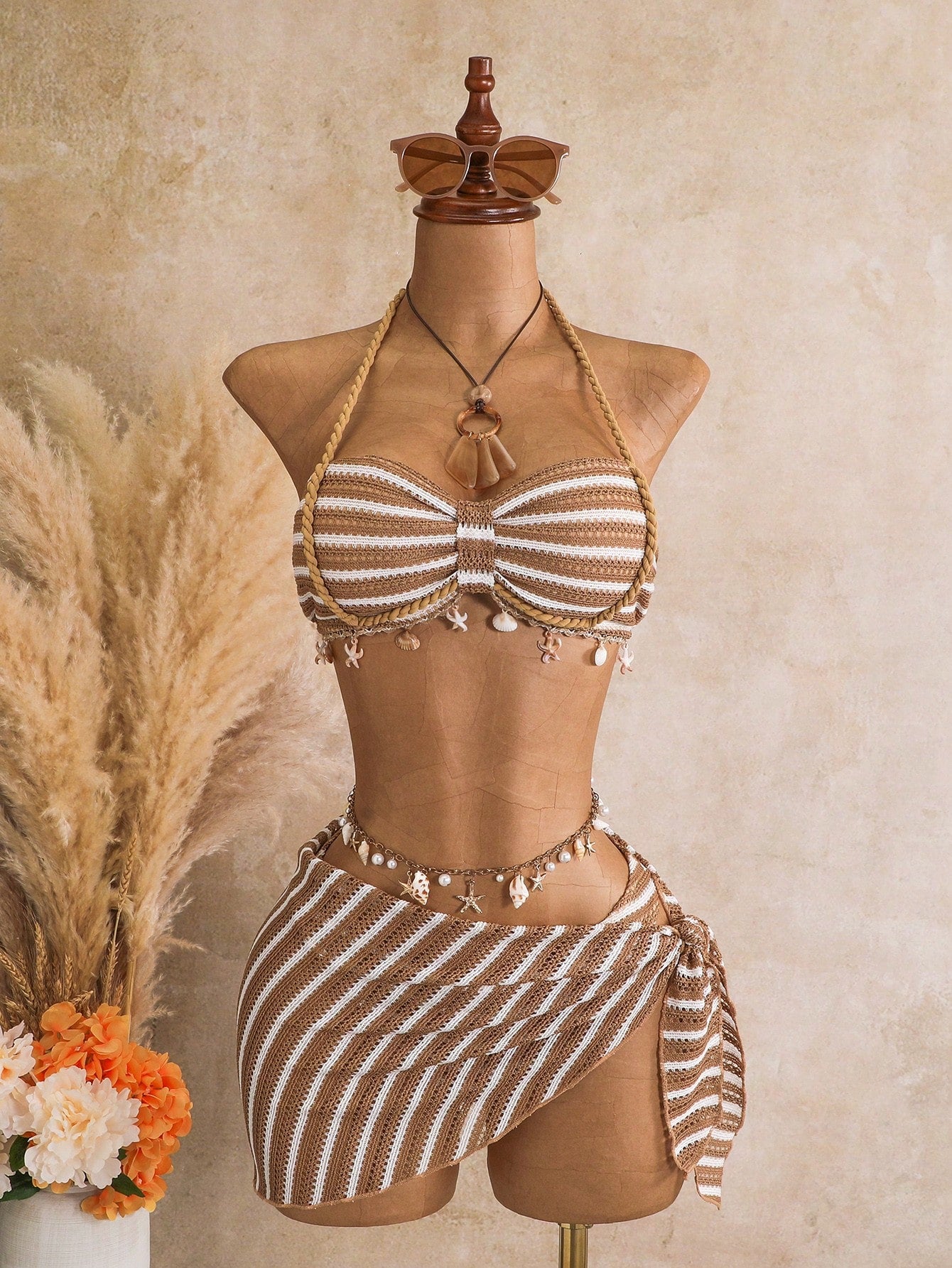 Bellisia Women's Spring/Summer Jacquard Fabric Bandeau Halter Ruched Drawstring Shell Trim 3-Piece Bikini Set