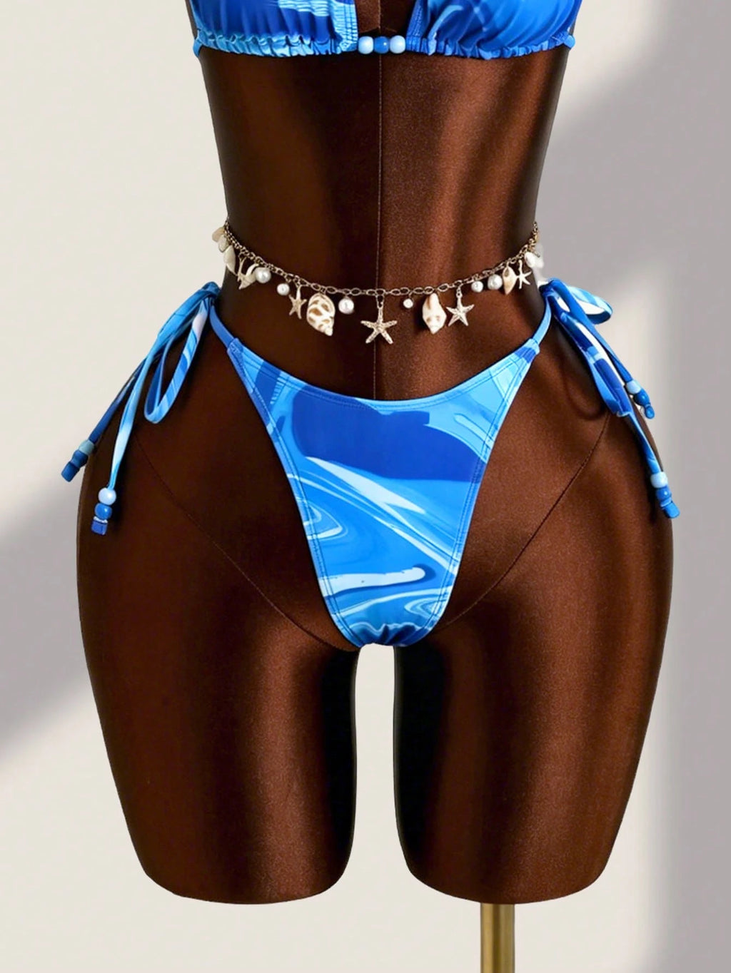 Zestiva New Marble Gradient Print Mesh Halter Bikini 3-Piece Set, Sexy Casual Be