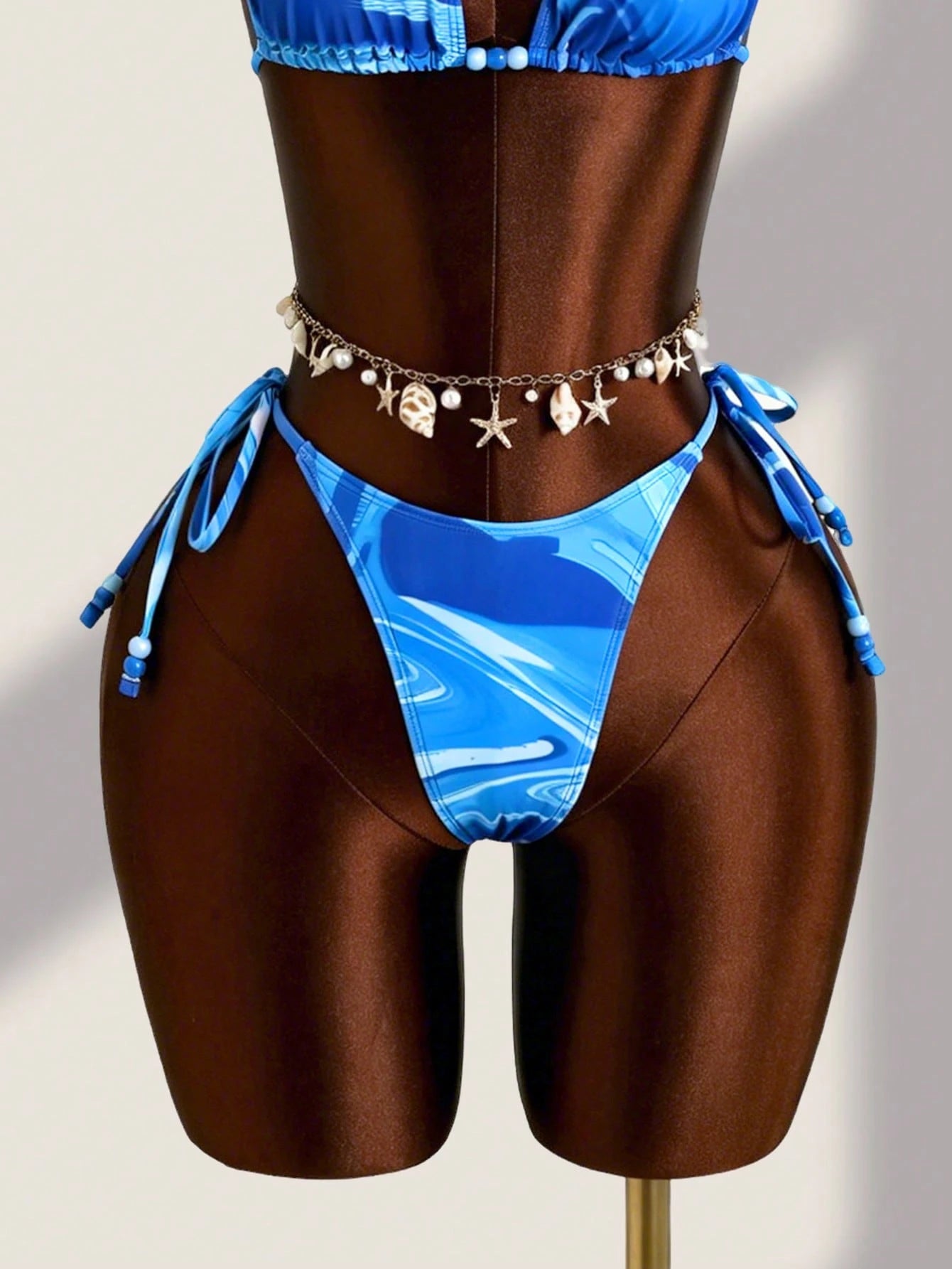 Zestiva New Marble Gradient Print Mesh Halter Bikini 3-Piece Set, Sexy Casual Be