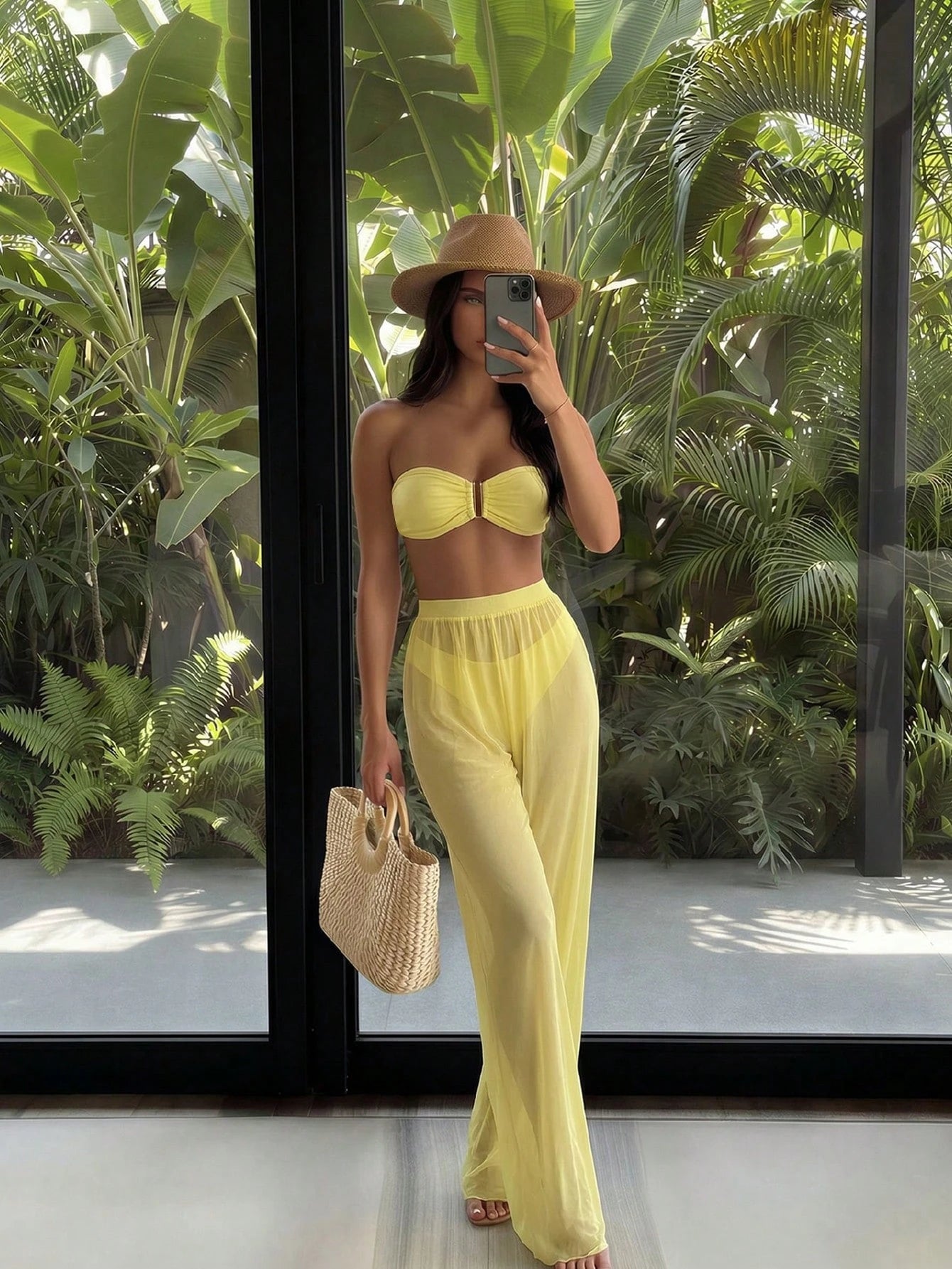 Costavie 3pcs/Set New Yellow Bandeau Top, Triangle Bottoms, And Mesh Beach Pants