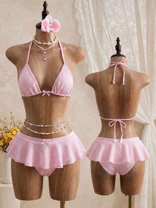 Bellisia Minimalist Sexy Girl Pink Plaid Halter Bikini, Split Skirt Style Small Bust Gathering Hot Spring - image 2