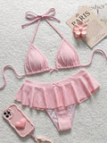 Bellisia Minimalist Sexy Girl Pink Plaid Halter Bikini, Split Skirt