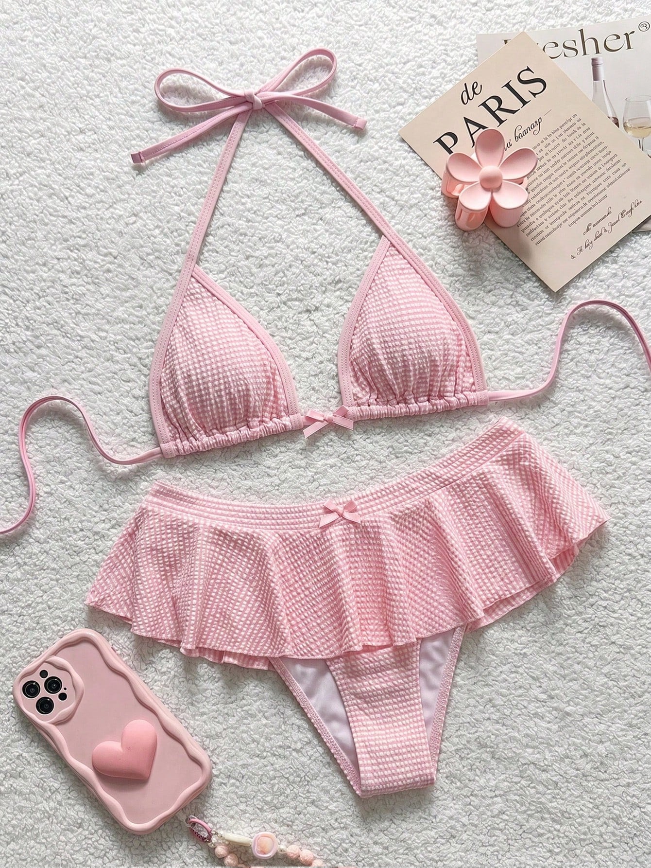 Bellisia Minimalist Sexy Girl Pink Plaid Halter Bikini, Split Skirt