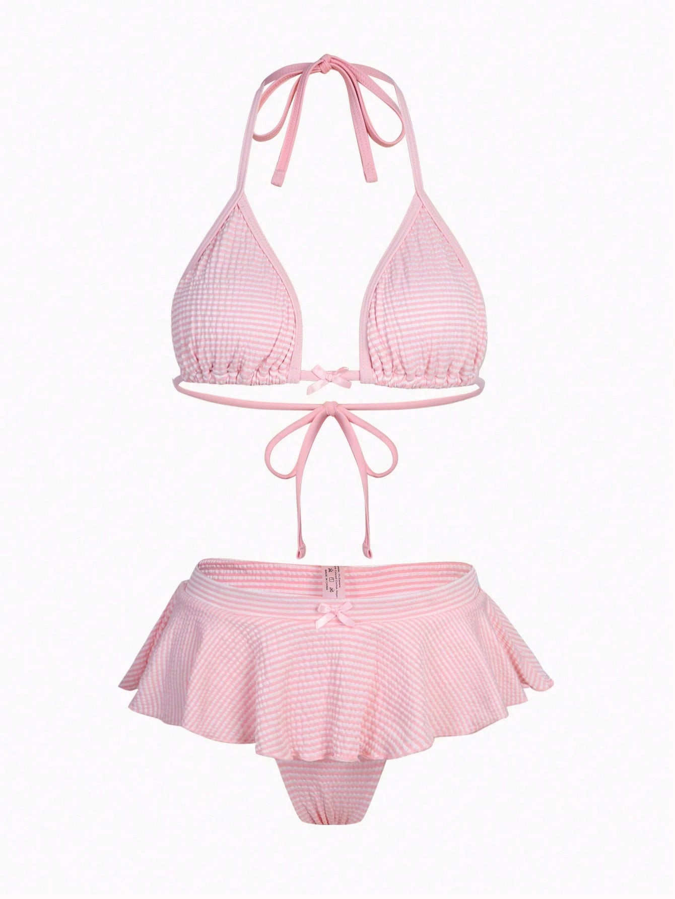 Bellisia Minimalist Sexy Girl Pink Plaid Halter Bikini, Split Skirt