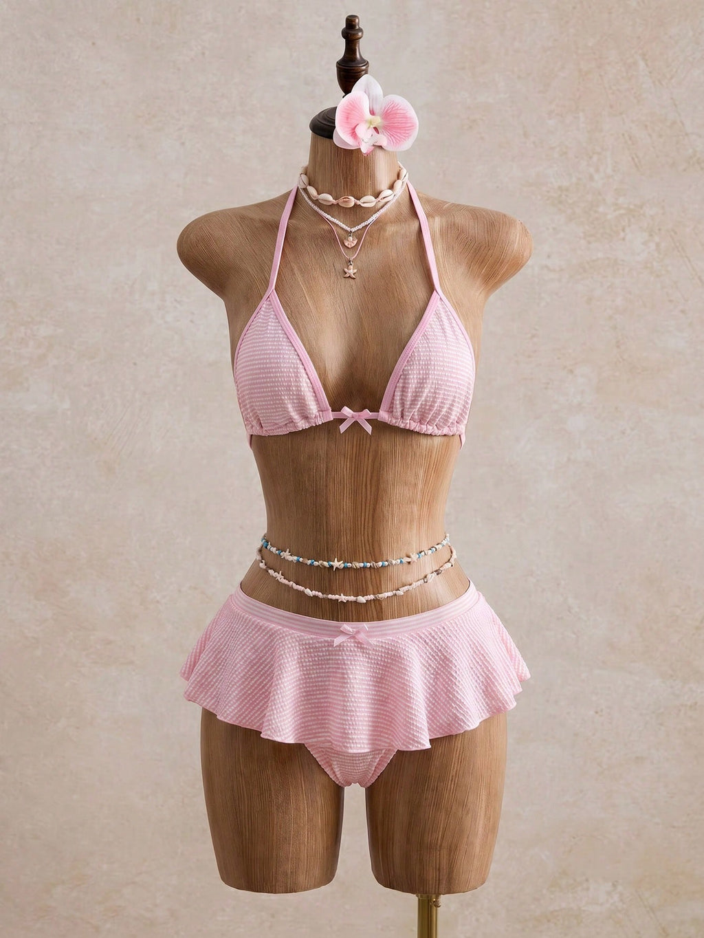Bellisia Minimalist Sexy Girl Pink Plaid Halter Bikini, Split Skirt