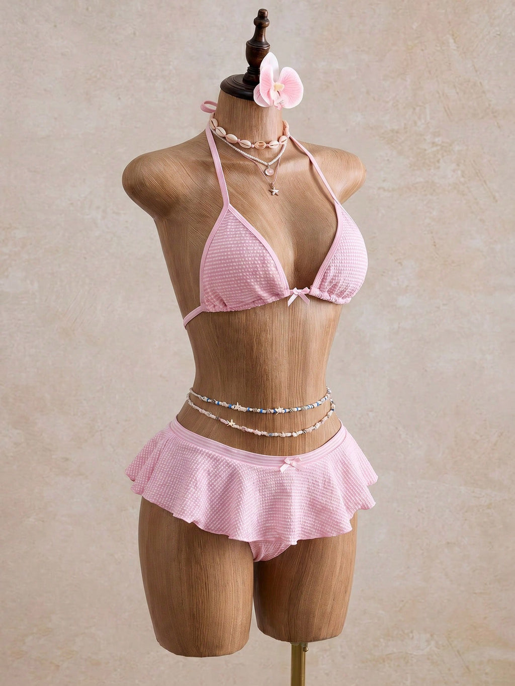 Bellisia Minimalist Sexy Girl Pink Plaid Halter Bikini, Split Skirt