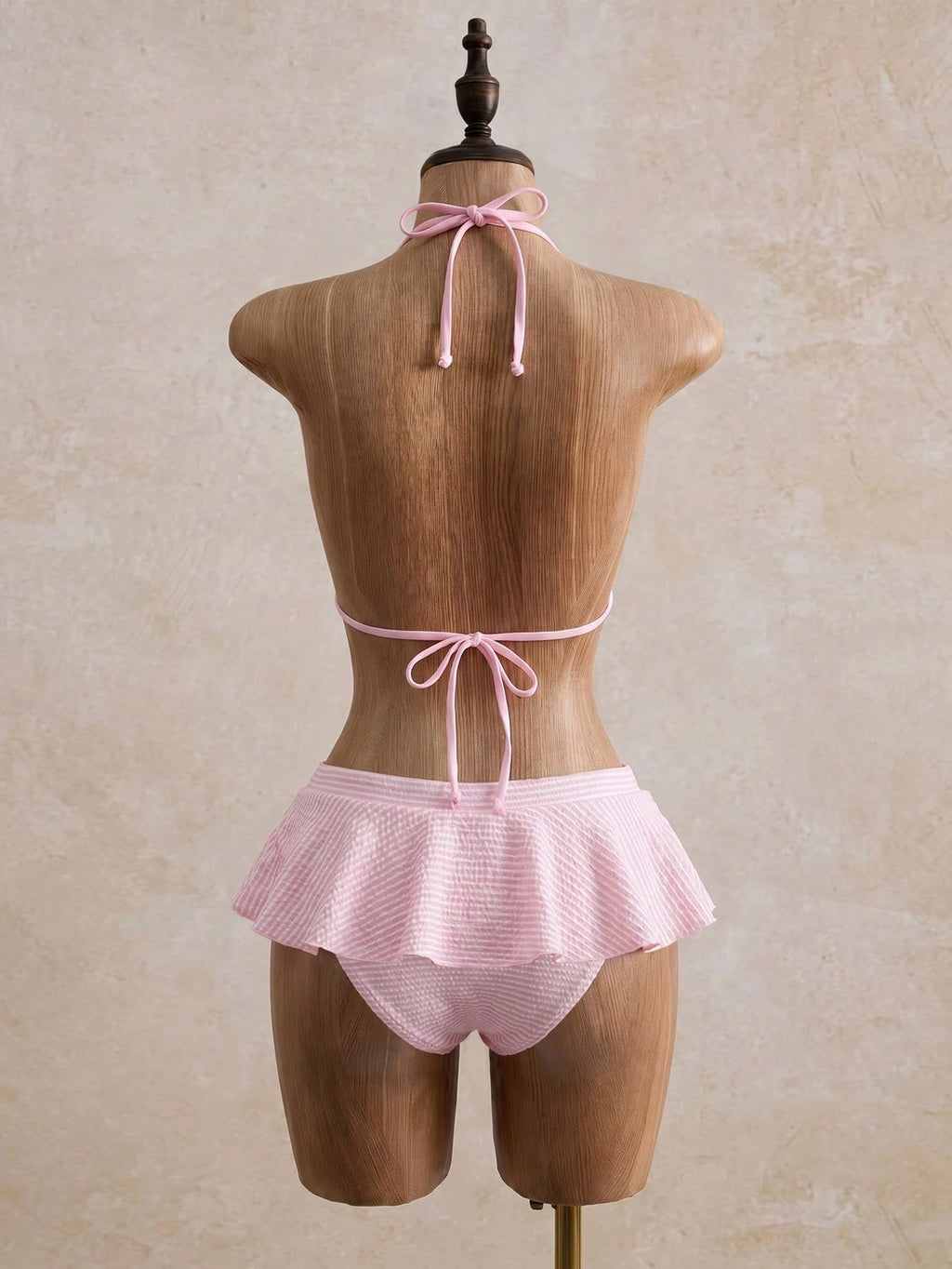 Bellisia Minimalist Sexy Girl Pink Plaid Halter Bikini, Split Skirt