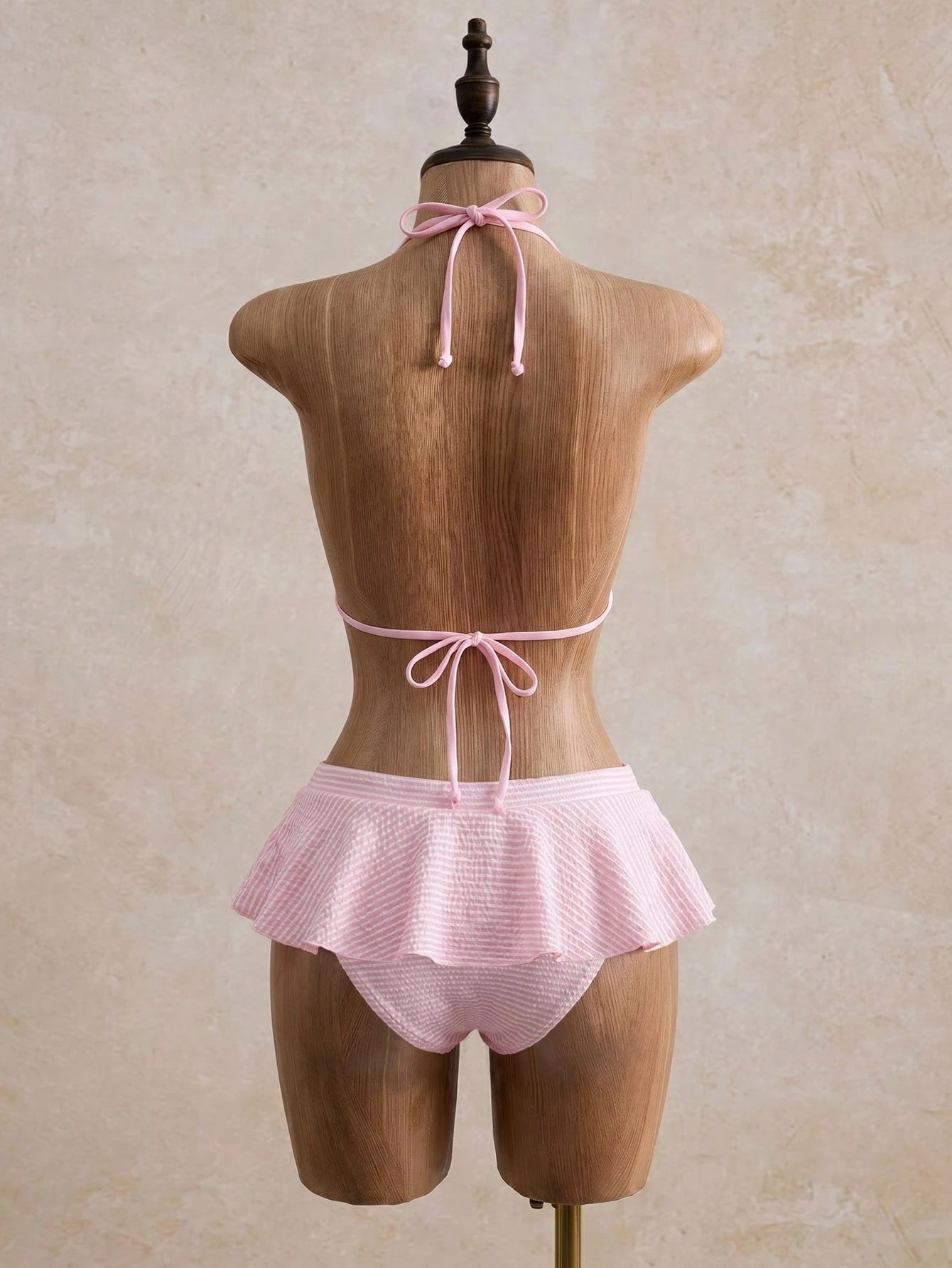 Bellisia Minimalist Sexy Girl Pink Plaid Halter Bikini, Split Skirt