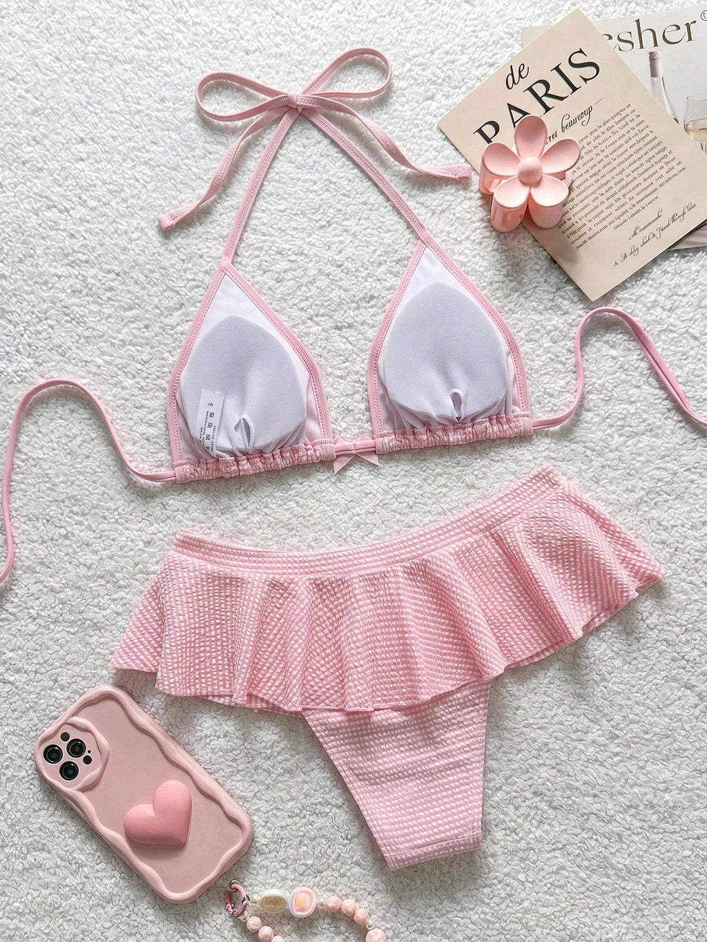 Bellisia Minimalist Sexy Girl Pink Plaid Halter Bikini, Split Skirt