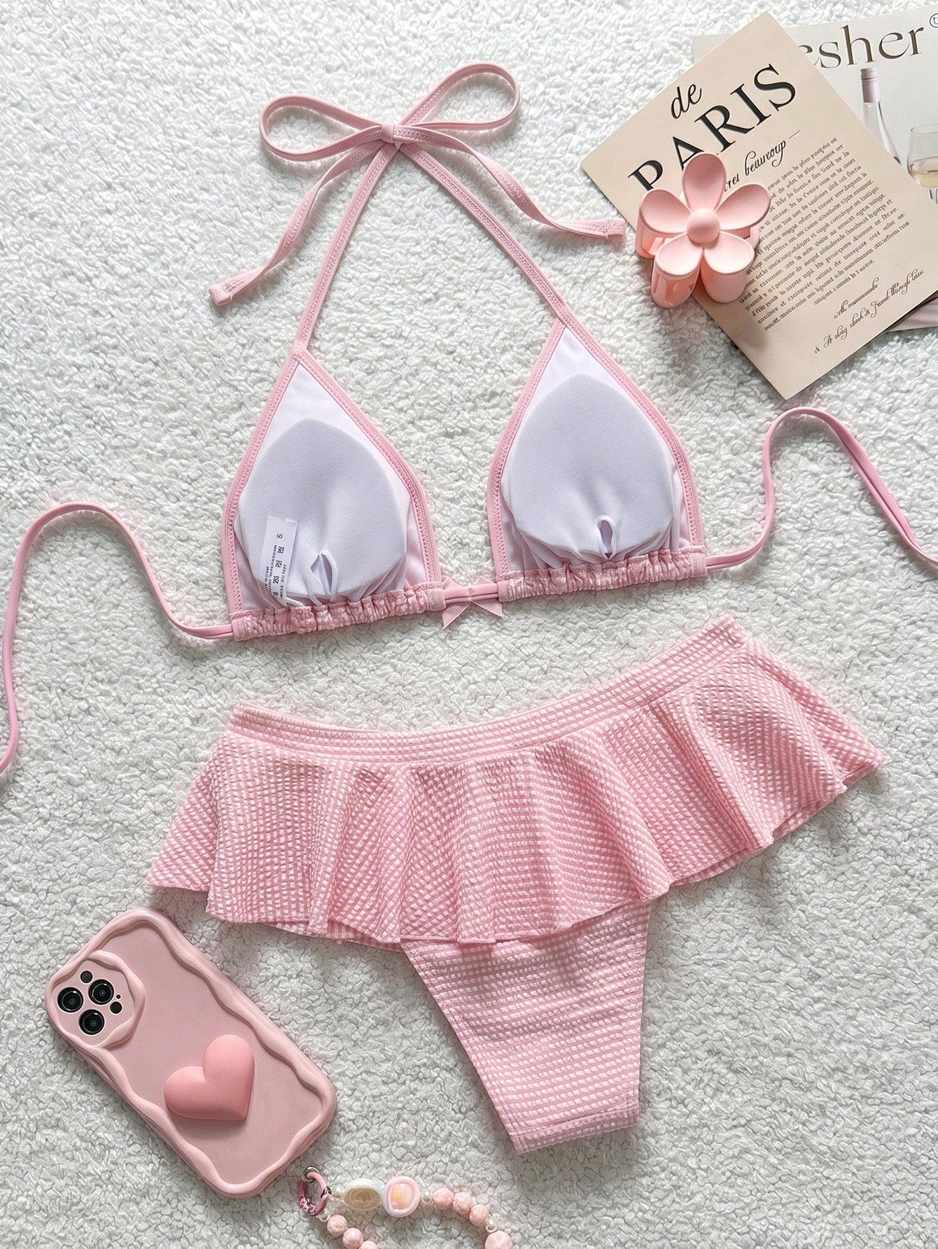 Bellisia Minimalist Sexy Girl Pink Plaid Halter Bikini, Split Skirt