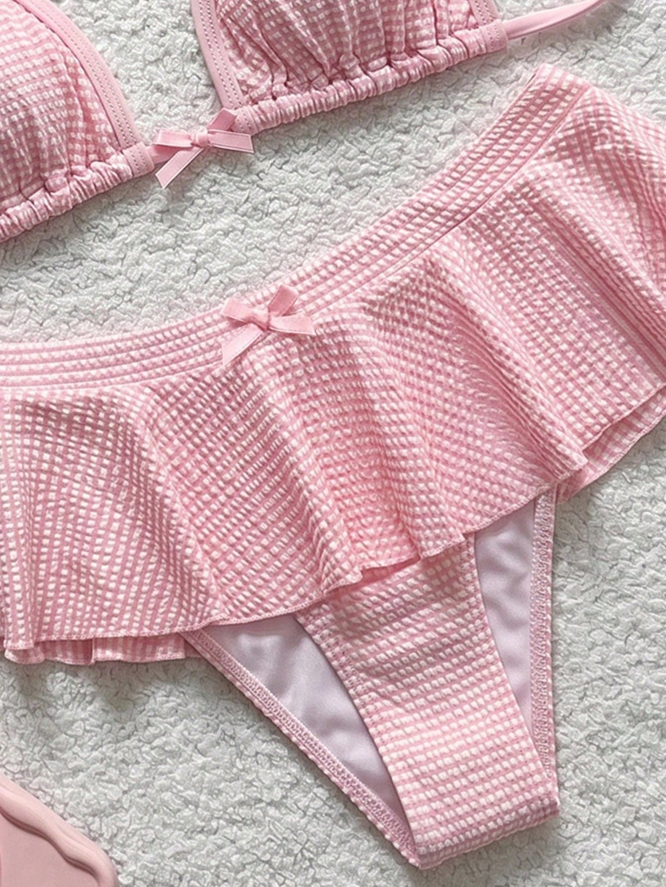 Bellisia Minimalist Sexy Girl Pink Plaid Halter Bikini, Split Skirt