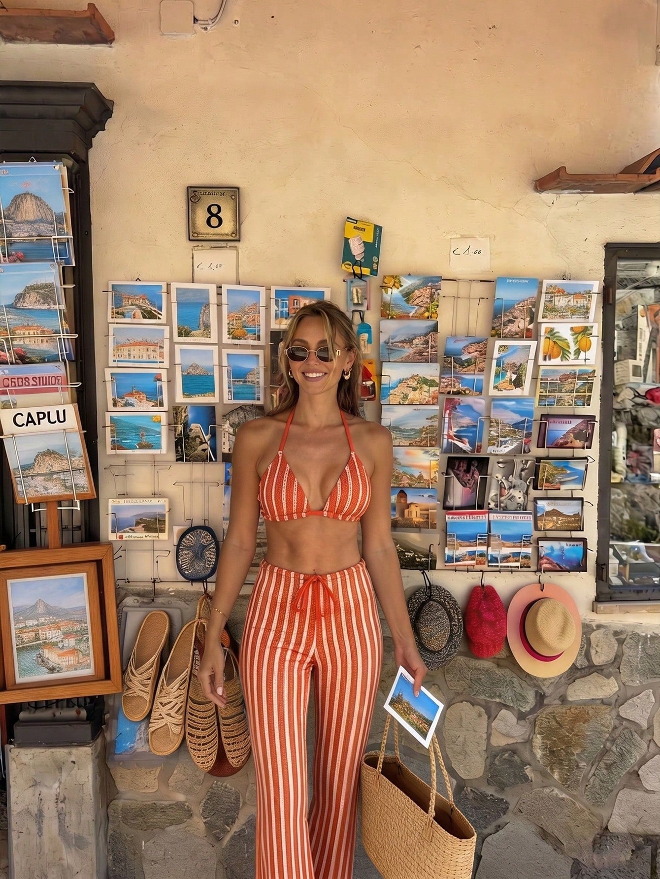 Elegant Women's Striped Knit Bikini Swimwear Set Featuring Halter Neck Top And M