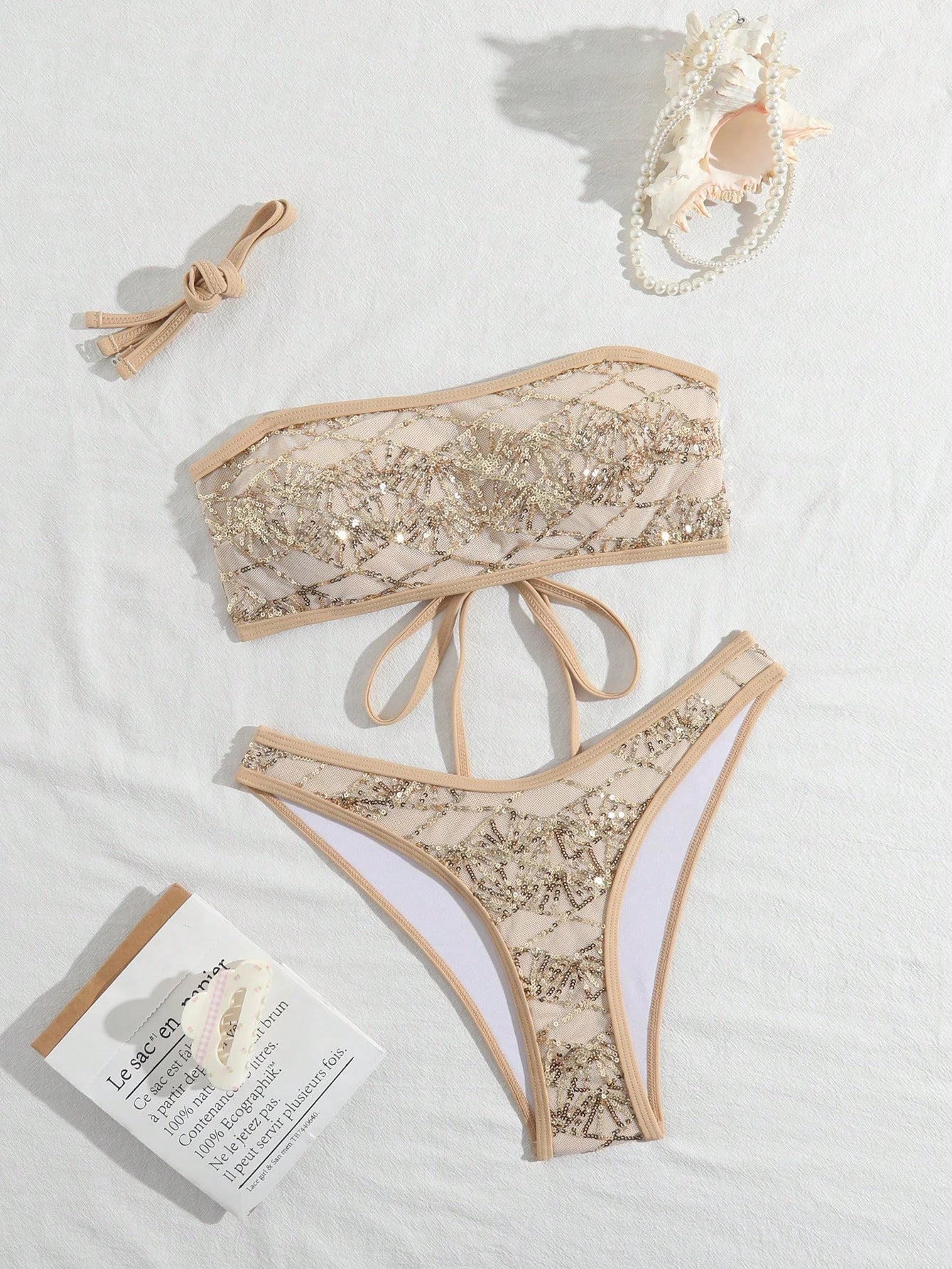 Costavie 2-Piece Floral Sequin Textured Bandeau Bikini Set, Sexy