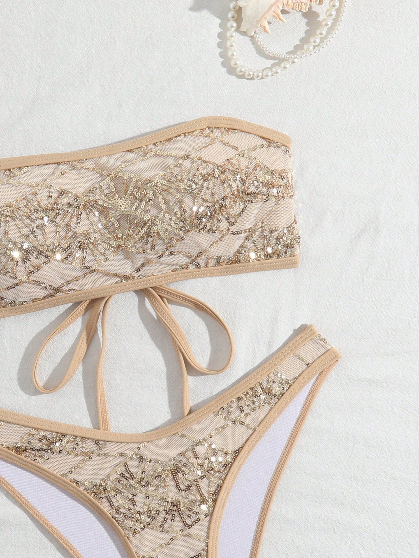 Costavie 2-Piece Floral Sequin Textured Bandeau Bikini Set, Sexy