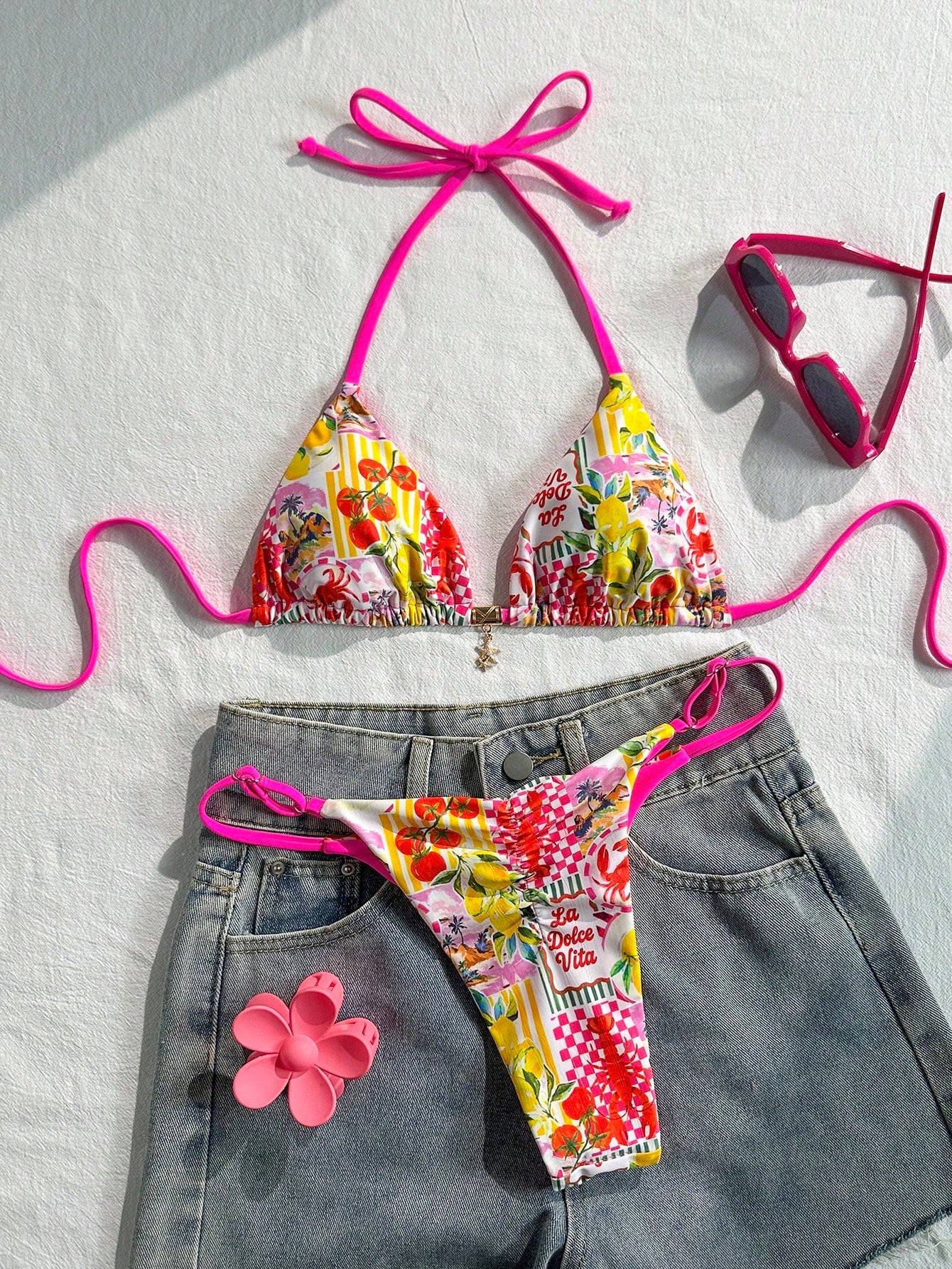 Swim Mod Multicolor Fabric Tropical Halter Bikini Set Knot Tie Side