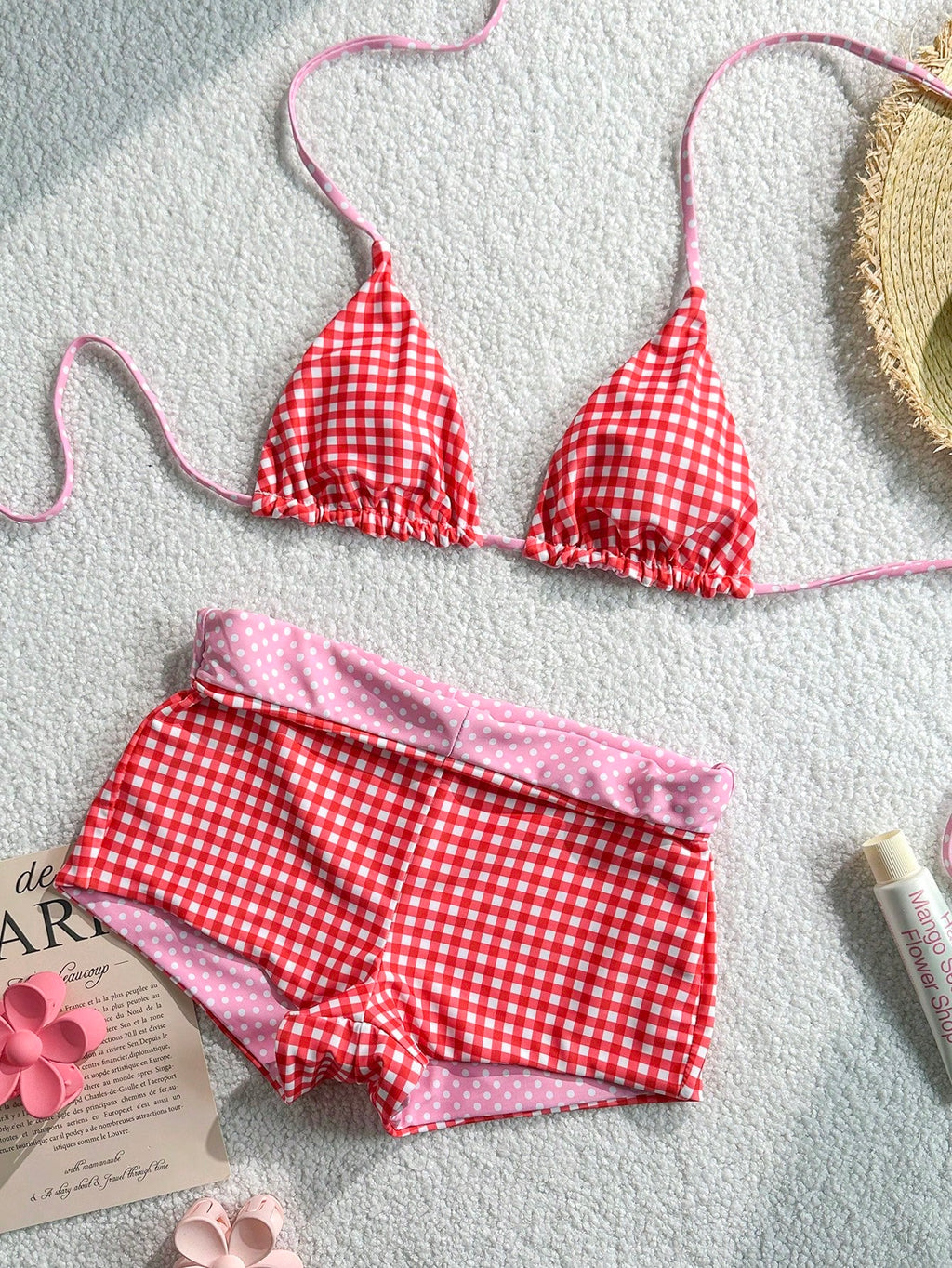 Women's Bikini Swimsuit Striped Print Green Pink Cute Retro Boy