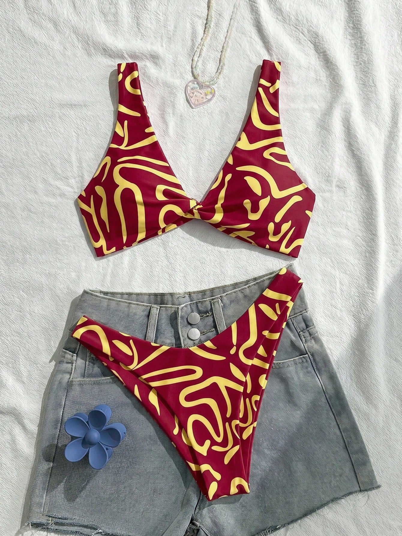 Swim Vcay Women Fashion Blue Floral Print Separate Swimwear Set, Sexy