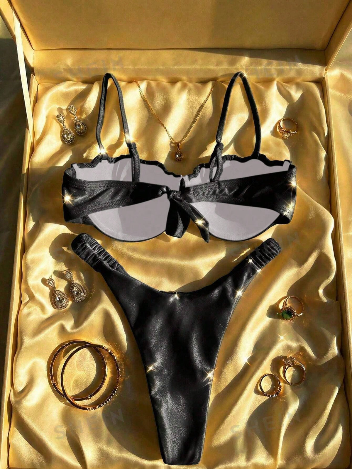 Bonvoyette Women's Swimwear Set,Yellow,Summer,Casual,Beach,Holiday,Vacation,Holiday,Solid Color Shiny - image 2