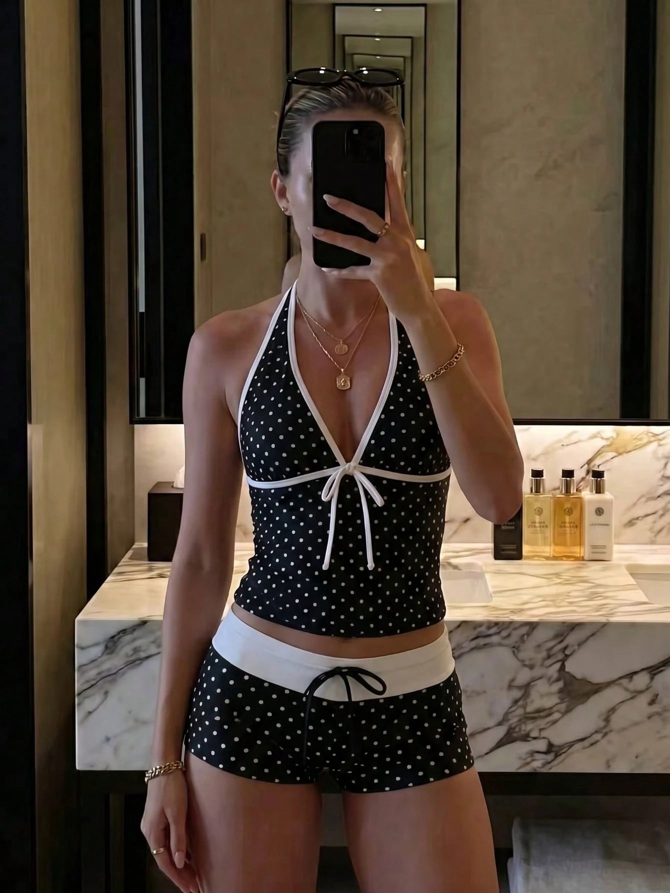 New Summer Fresh Sweet Cute Blue & White Polka Dot Halter Neck Bikini
