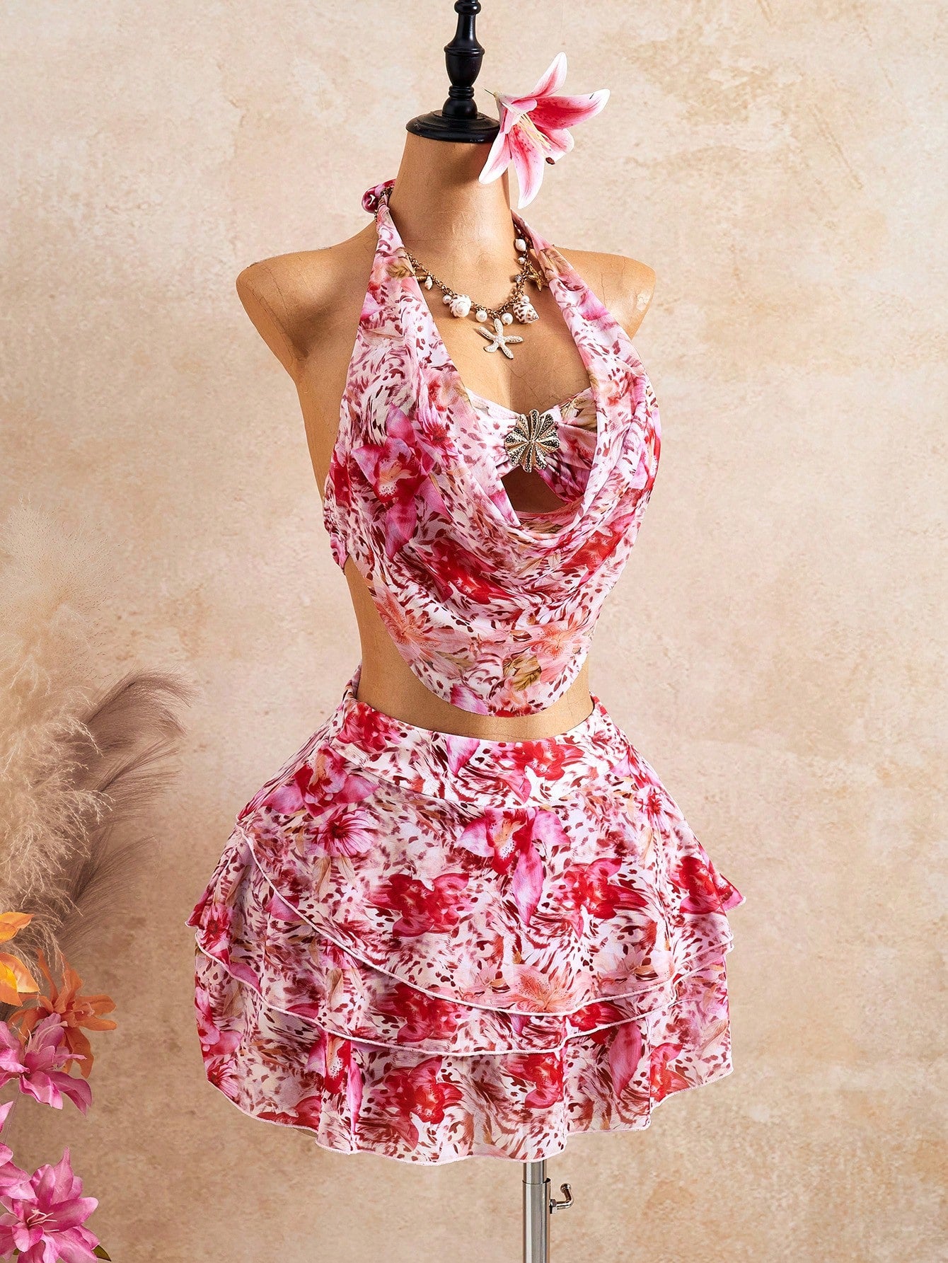Bellisia 2026 Spring/Summer Vacation Romantic Floral Print Halter Neck Swimsuit Set With Cover-Up And Skirt - image 9