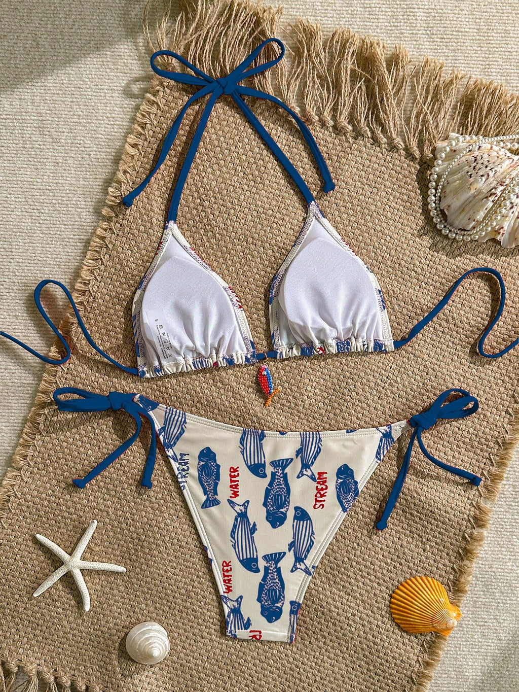Swim Mod 2pcs Women's Swimwear Set, Random Fish & Letter Print Padded