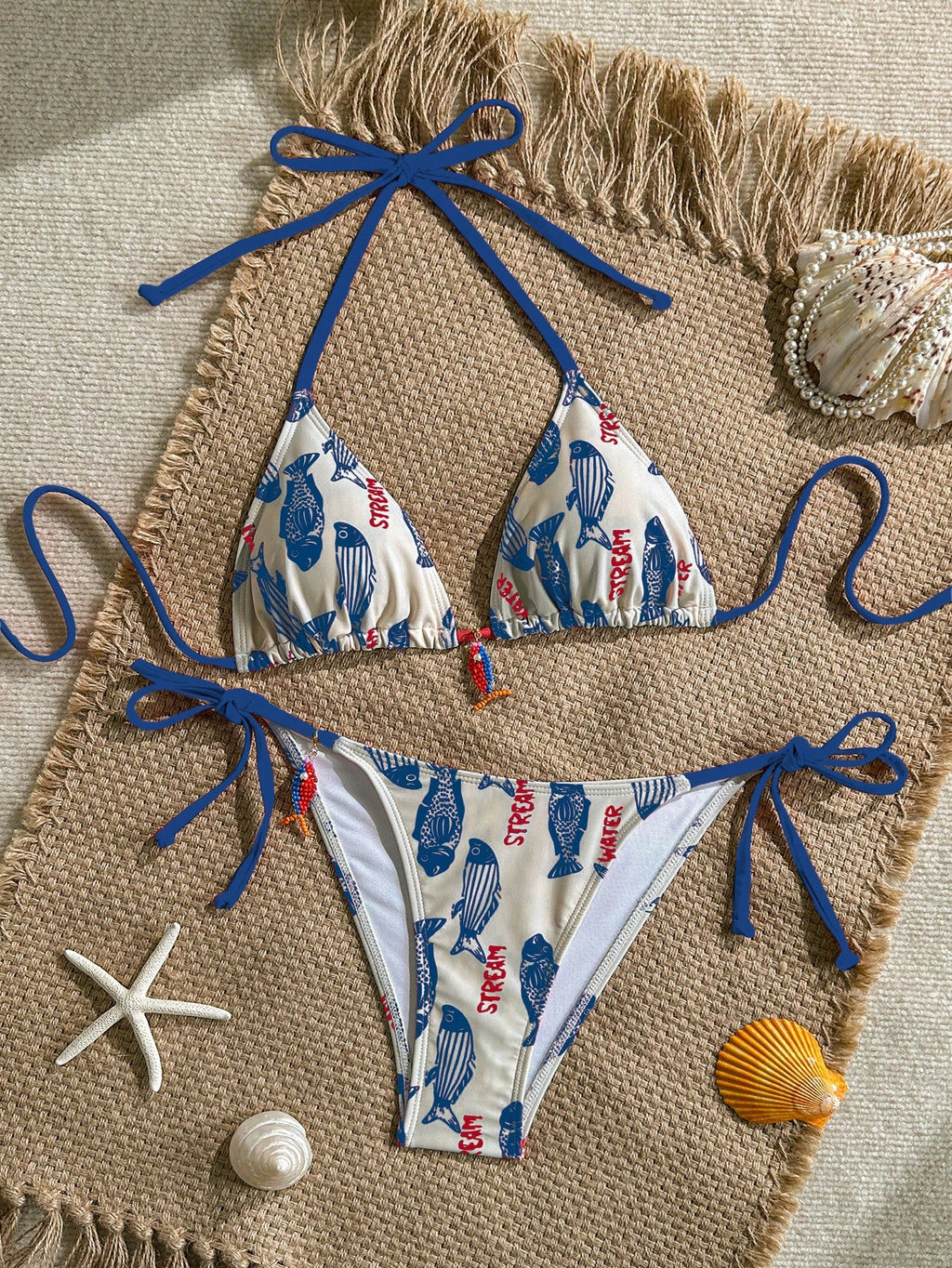 Swim Mod 2pcs Women's Swimwear Set, Random Fish & Letter Print Padded