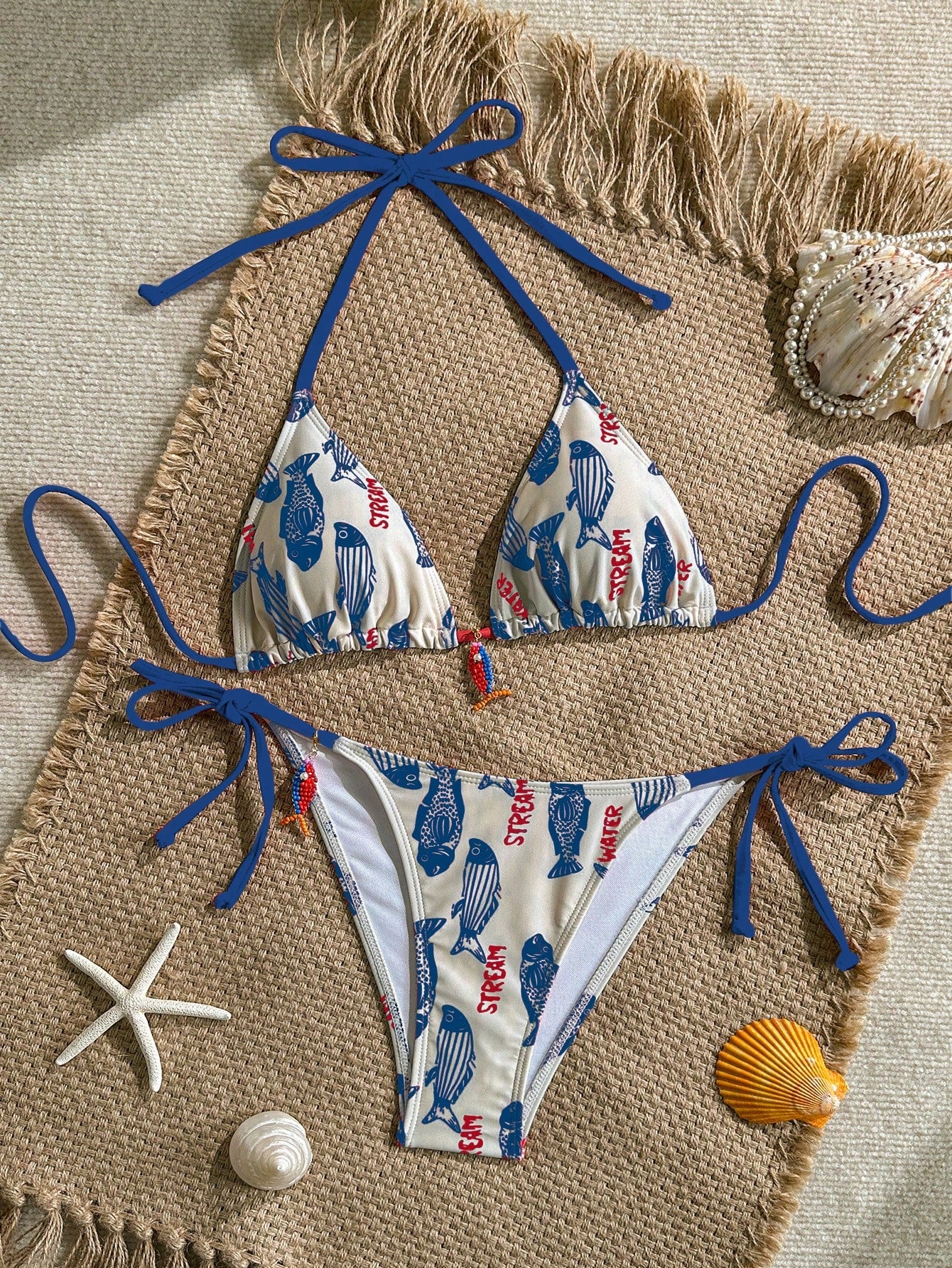 Swim Mod 2pcs Women's Swimwear Set, Random Fish & Letter Print Padded