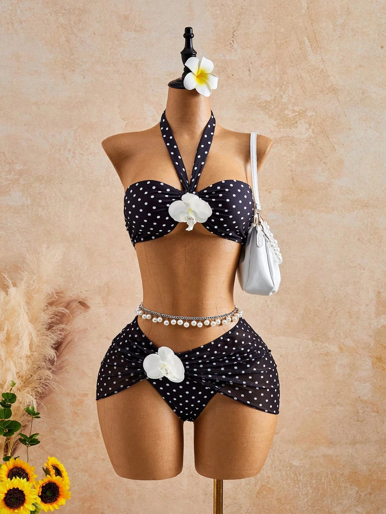 Bellisia Women's Yellow Summer Boho Beach Holiday 3-Piece Set,Tie-Dye Big Floral 3D Flower Decor Strapless