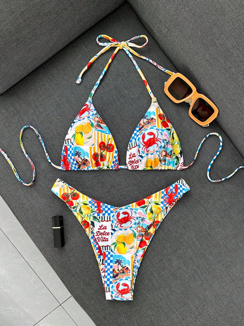 Swim Vcay Women's Summer Beach Lemon Print Sexy Halter Bikini Set