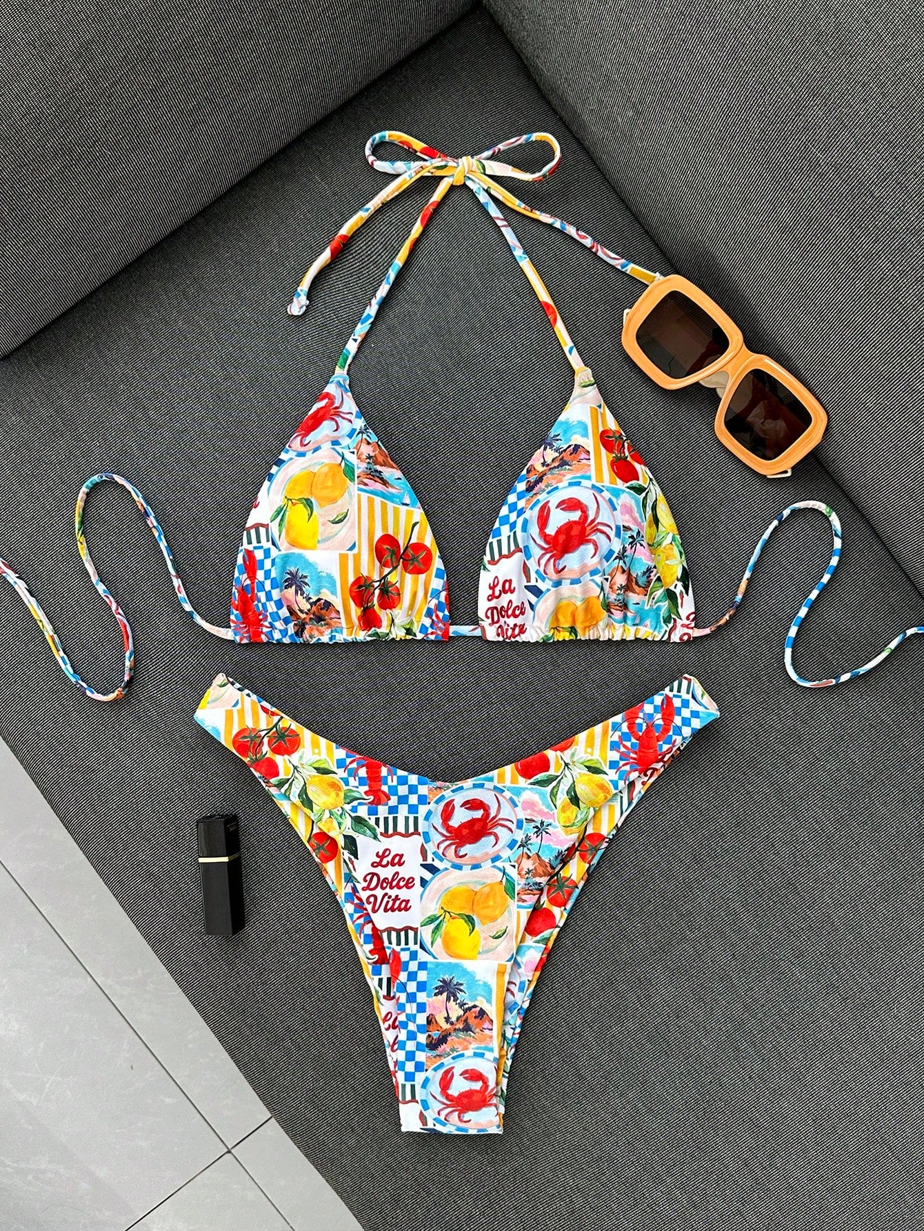 Swim Vcay Women's Summer Beach Lemon Print Sexy Halter Bikini Set