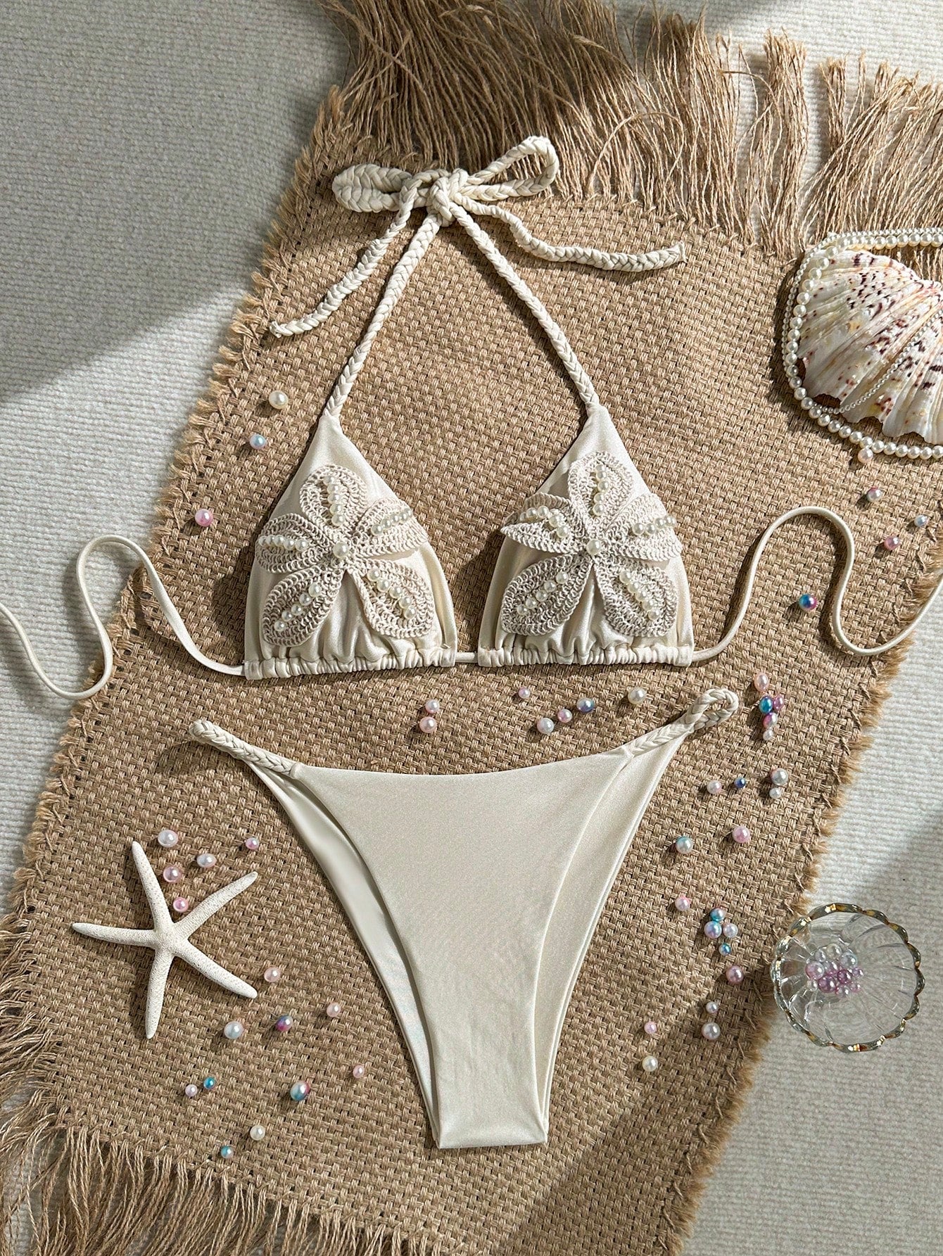 Bonvoyette Women's New Bikini Set, Apricot Solid Color Knitted Pearl