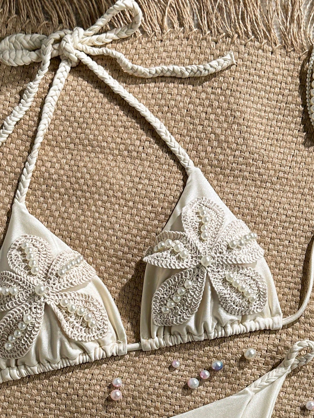 Bonvoyette Women's New Bikini Set, Apricot Solid Color Knitted Pearl