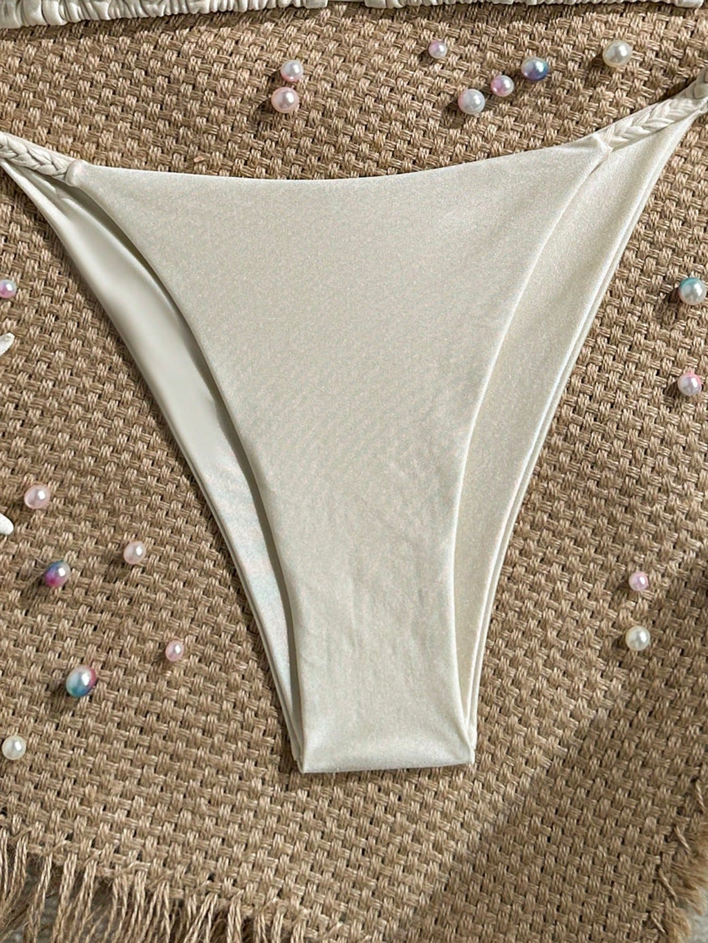 Bonvoyette Women's New Bikini Set, Apricot Solid Color Knitted Pearl