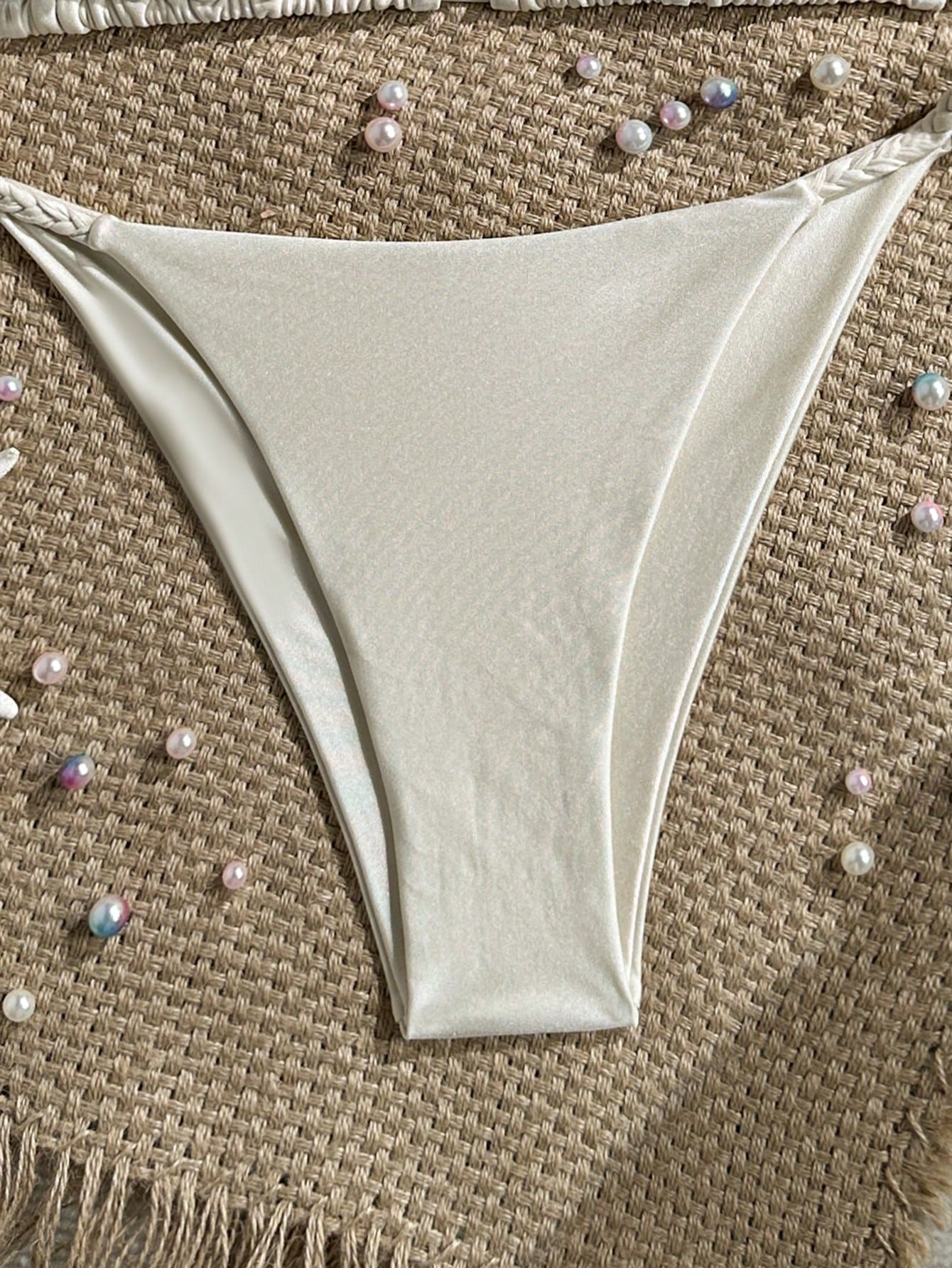 Bonvoyette Women's New Bikini Set, Apricot Solid Color Knitted Pearl