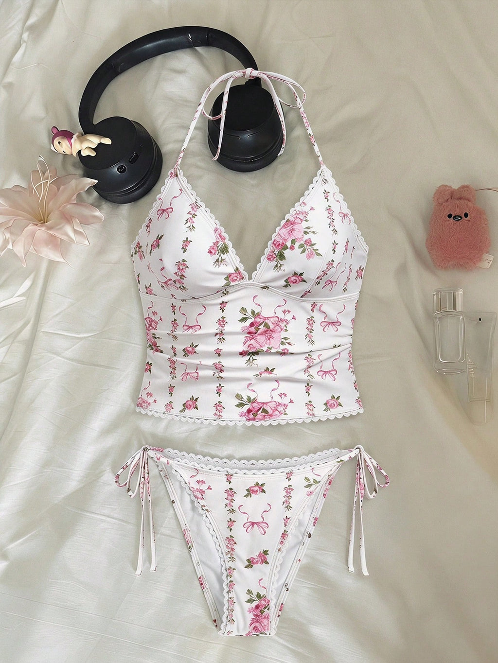 MOD Women's Summer Beach Floral Print Halter Tankini Swimwear Set