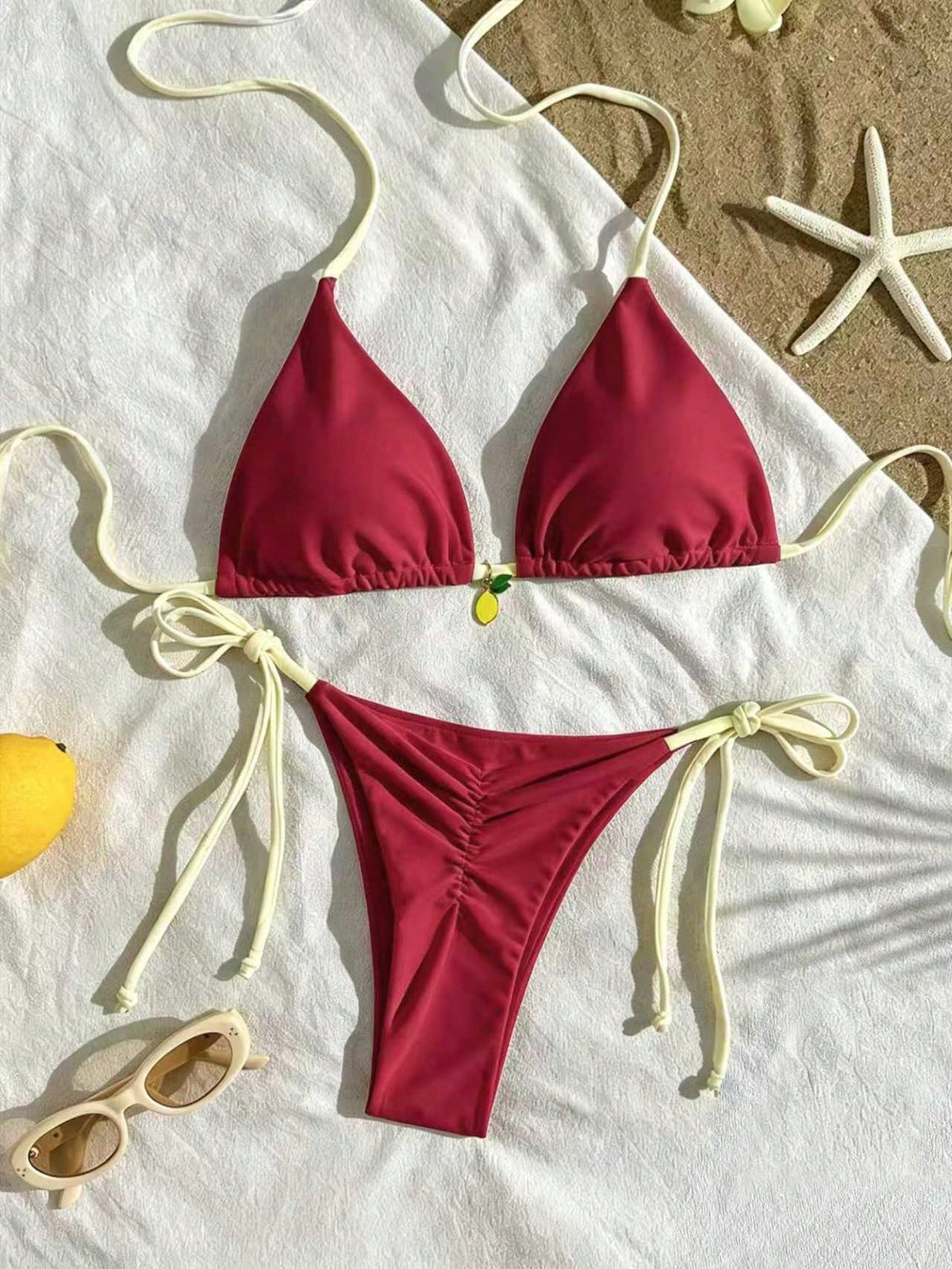 2pcs Lemon Print Bikini Set, Tie Design With Lemon Pendant Decor,