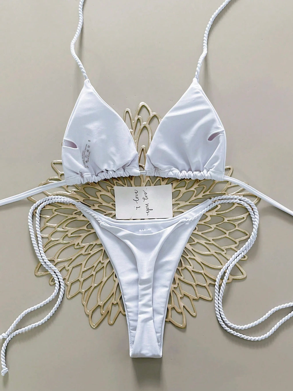 Swim Vcay 2pcs Women Apricot Bikini Swimwear Set, Handmade Rope Decor
