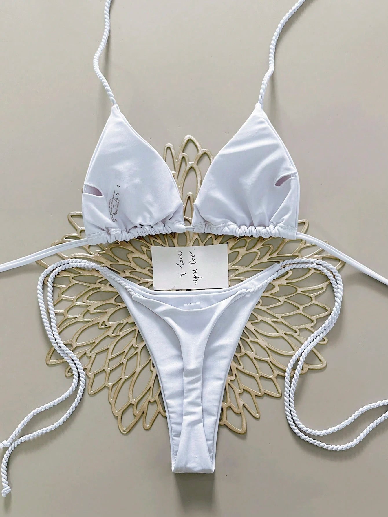 Swim Vcay 2pcs Women Apricot Bikini Swimwear Set, Handmade Rope Decor